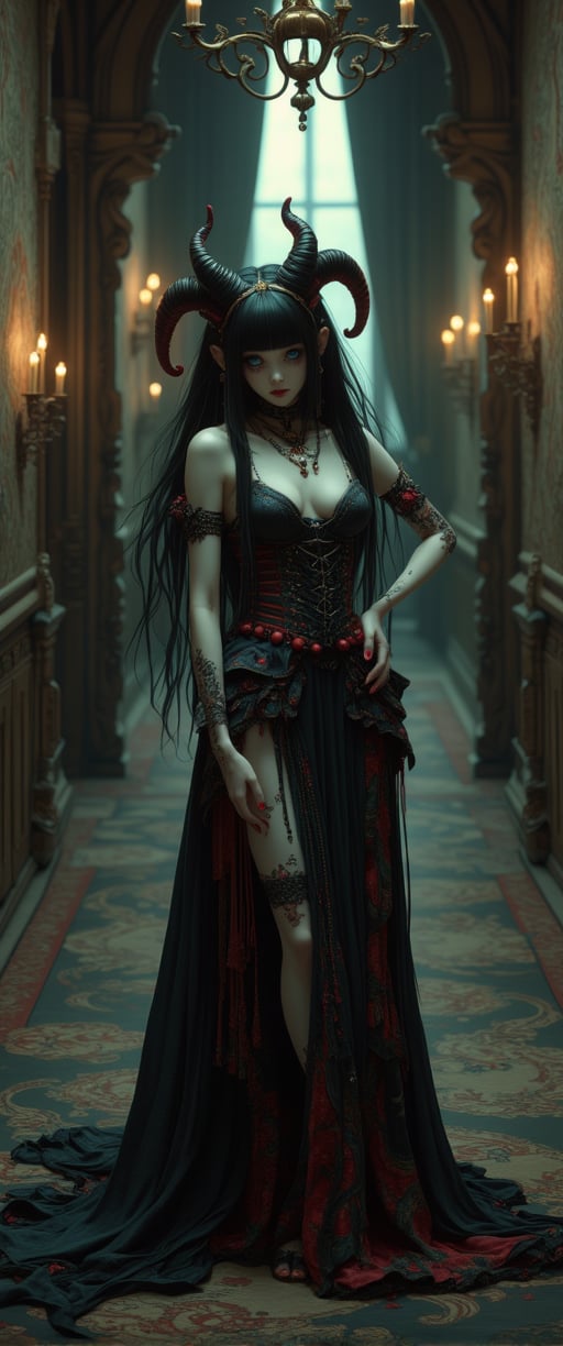 long shot, full body shot, A masterpiece of photorealistic artistry! A stunning Japanese demon girl stands proudly in a long elaborate mansion hallway with fine art paintings of beautiful demons, witches, vampires lining both walls. velvet patterned wallpaper on the walls, candles are lit, a tall gothic window is behind her with long velvet curtains. Her extremely long big black hair cascades down her back like a waterfall of night, with blunt bangs framing her striking features. Her large round light green eyes shimmer, and her full lips curve into a playful smile as she gazes directly at the viewer. Her pale skin is adorned with intricate jewelry and nail polish designs, including red and black accents that match the bold hue of her fingernails.

she wears an intricate elaborate strappy corsett, Her elaborate brocade patterned skirt falls to below her knees, showcasing her long toned. legs She wears geta strappy sandals with platform heels that elevate her statuesque form, The overall atmosphere is one of mystique and allure, as if this enchanting demon girl is beckoning you into her world of wonder.