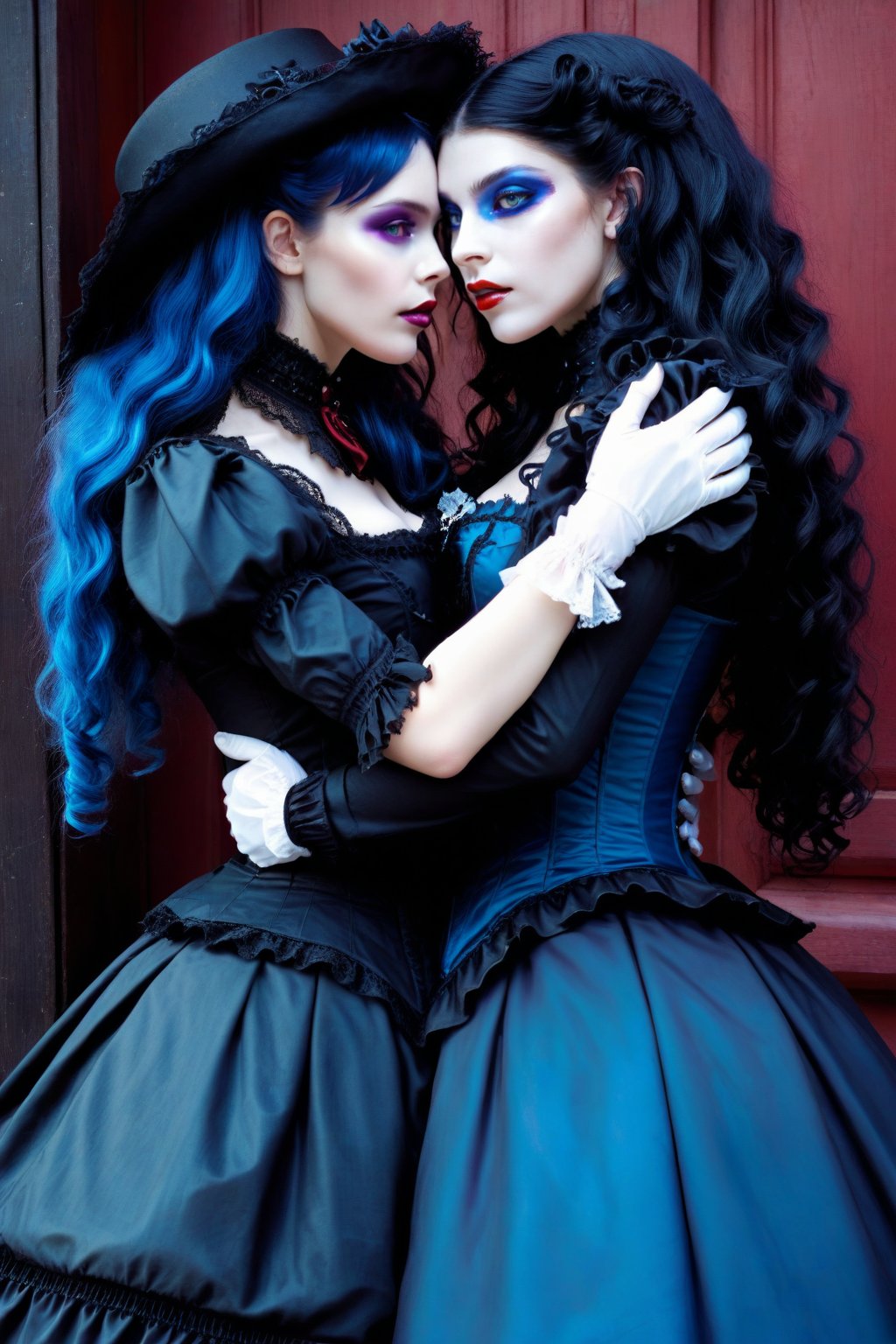 cowboy shot, vampire couple, two women lovers gothic, side by side, both are hugging each other tightly. (((eye closed))) one vampire woman has long curly blue hair, blue elaborate gothic lolita outfit and the other vampire woman has long curly black hair in a black elaborate lolita gothic outfit. they are embracing each other, horror, dark romantism, raw concept art, masterpiece illustration