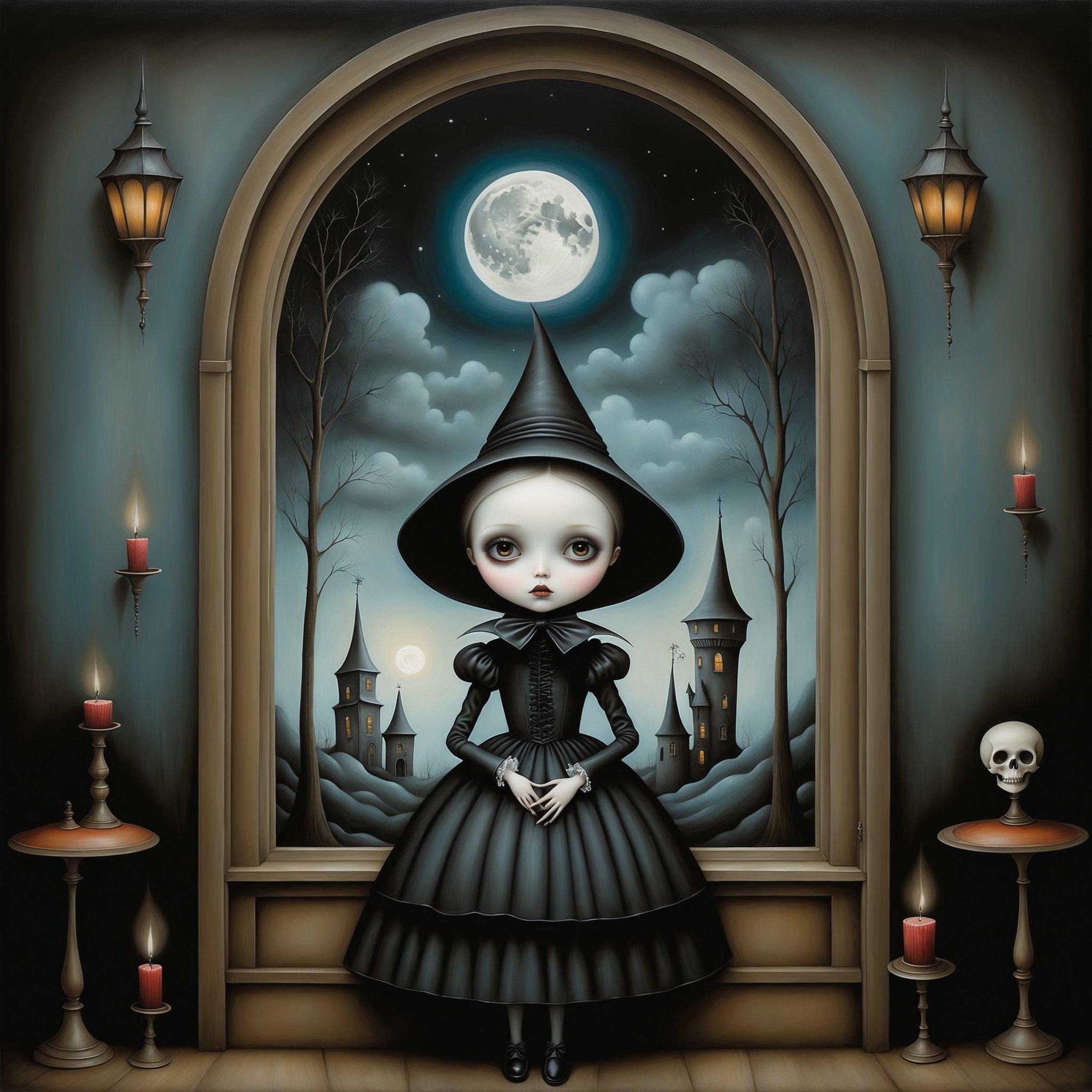 Cinematic scene - long shot, a gothic small girl wearing elaborate gothic lolita dress, gloves, in her gothic room casting spells, in the style Nicoletta Ceccoli, Mark Ryden and Esao Andrews. minimalist style. a detailed elaborate gothic bedroom. dark gothic william morris wallpaper, creepy paintings, dolls, ancient leather spellbooks, candelabra, skulls, witch brooms, ghosts. midnight. dark outside. full moon visible through large window. in the style of esao andrews, Nicoletta Ceccoli, REALISTIC