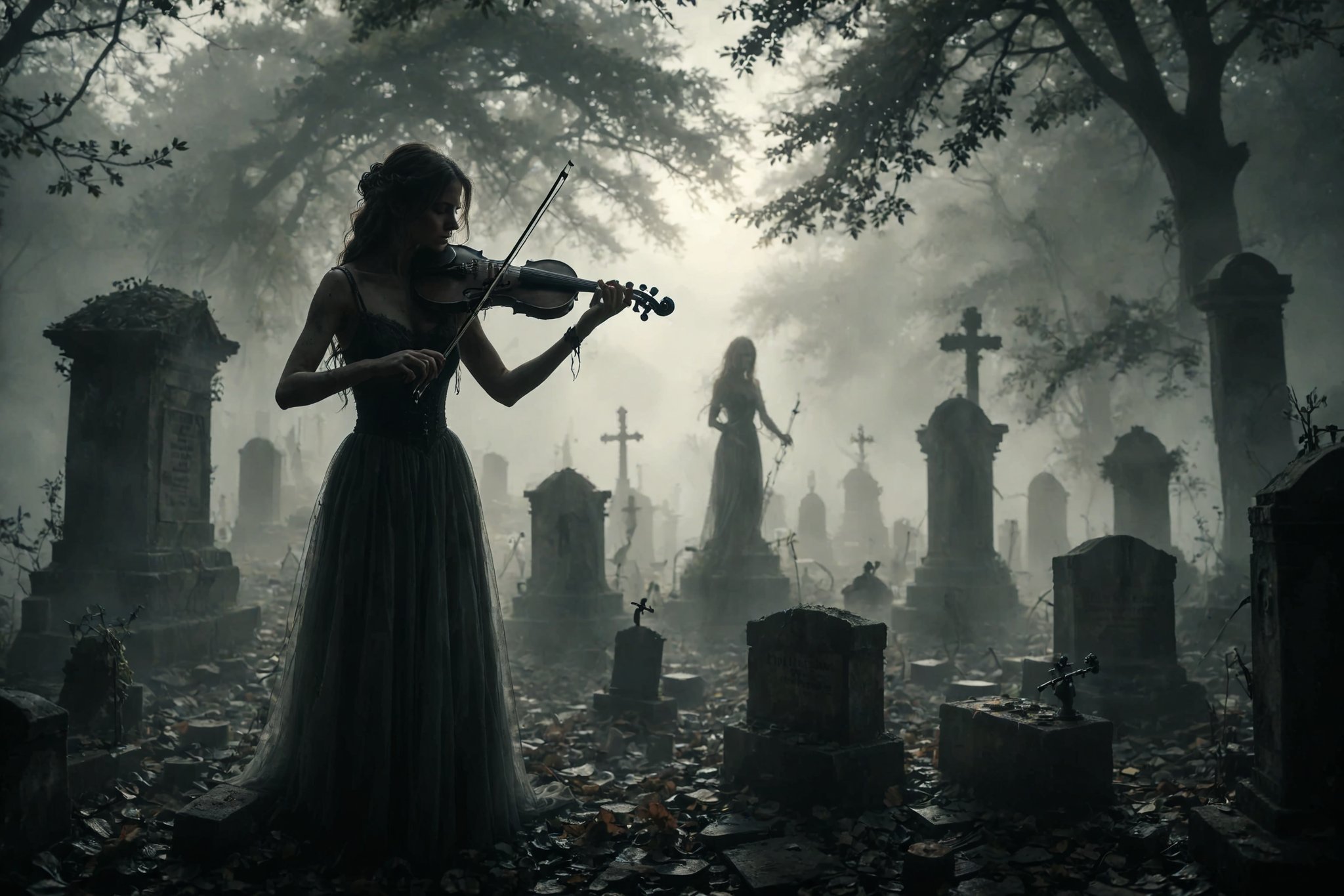 long shot, A beautiful woman playing violin in a misty graveyard, playing a mournful tune with her back to the viewer, her silhouette framed by the gravestones as the mist curls around her, studio lighting.