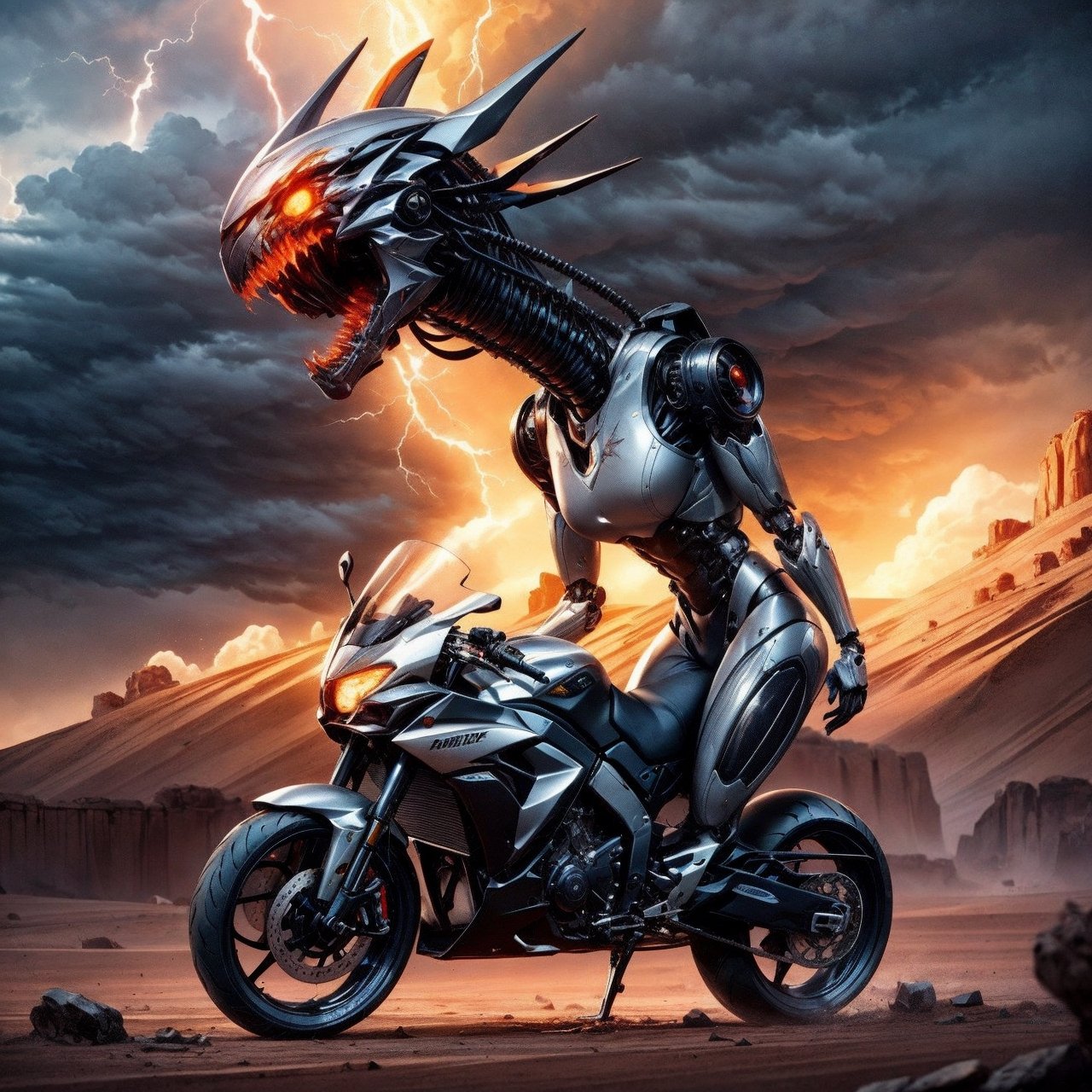 side view middle long shot of a 20 foot tall giant android humanoid female robot riding a futuristic motorcycle across the...