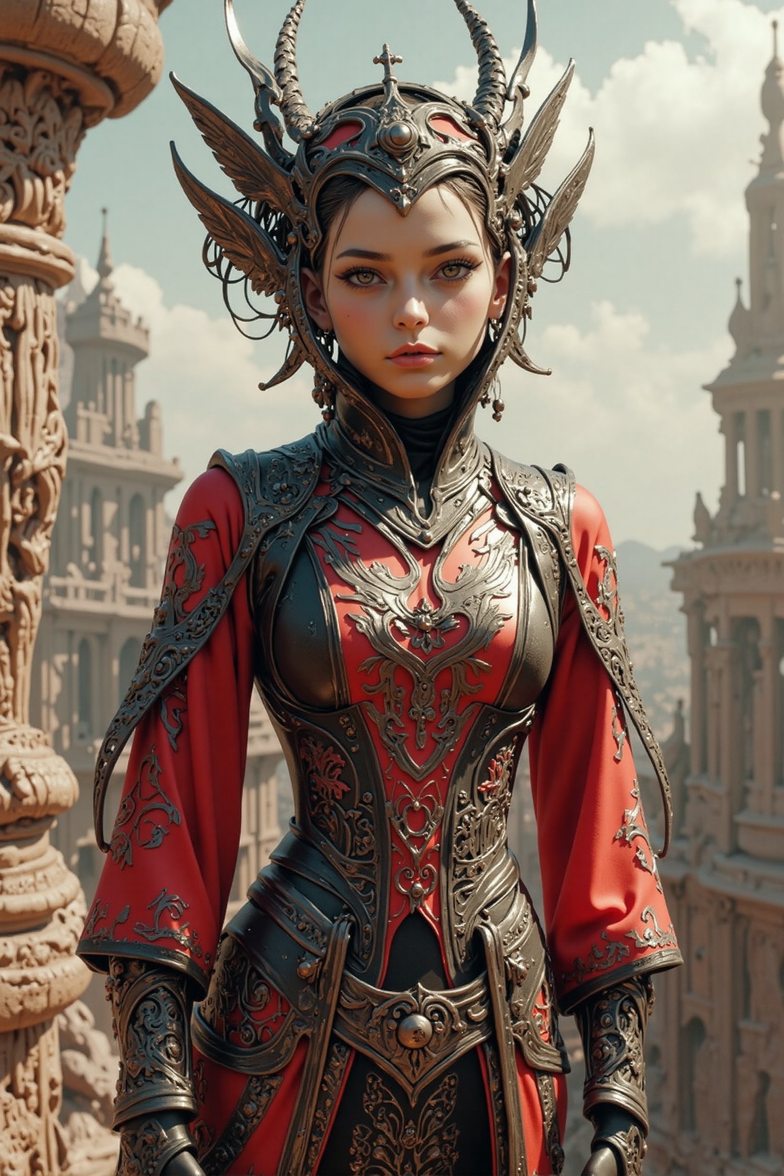 Create an attractive,  beautiful female alien queen wearing an elaborate futuristic unique outfit and she is standing in a...