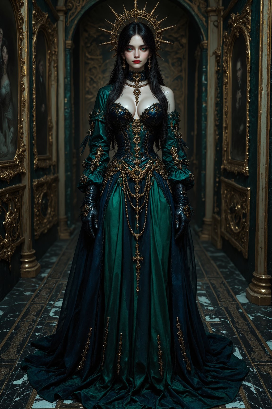 A captivating elegant and beautiful young gothic priestess woman stands in an eerie,  dimly lit chamber draped in cascadin...