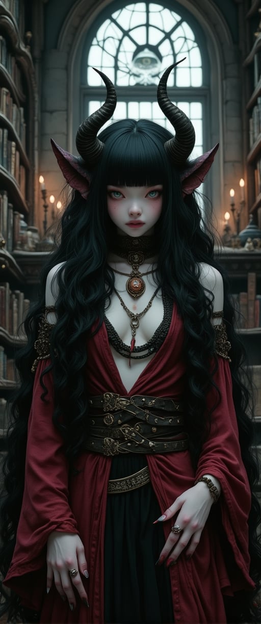 long shot, full body shot, A masterpiece of photorealistic artistry! A stunning Japanese demon girl stands proudly in an ancient witch lair, occult items, decorations, artifacts, objects on bookshelves with ancient leather books, spell books, magic books, pictures of beautiful demons, witches, vampires hang on the walls, a tall gothic window is behind her with long velvet curtains. candles illuminate the library, Her extremely long big curly black hair cascades down her back like a waterfall of night, with blunt bangs framing her striking features. Her large round light green eyes shimmer, and her full lips curve into a playful smile as she gazes directly at the viewer. Her pale skin is adorned with intricate jewelry and her long sharp fingernails have vivid colored nail polish, including red and black accents. perfect anatomy, perfect hands, perfect fingers, 