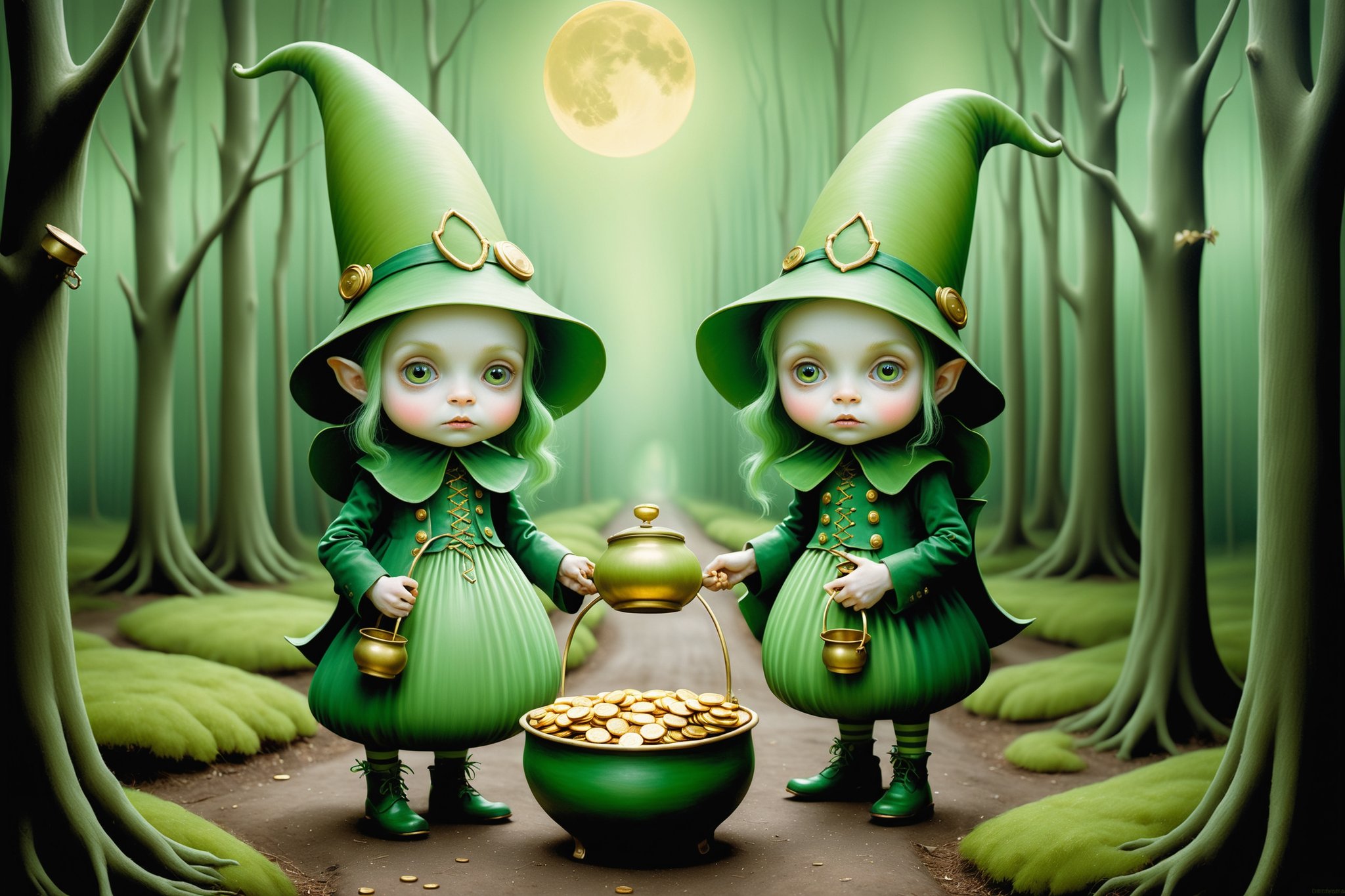 Cinematic scene - irish leprechauns in green outfits in an irish forest with pots of gold coins in the style of Nicoletta...