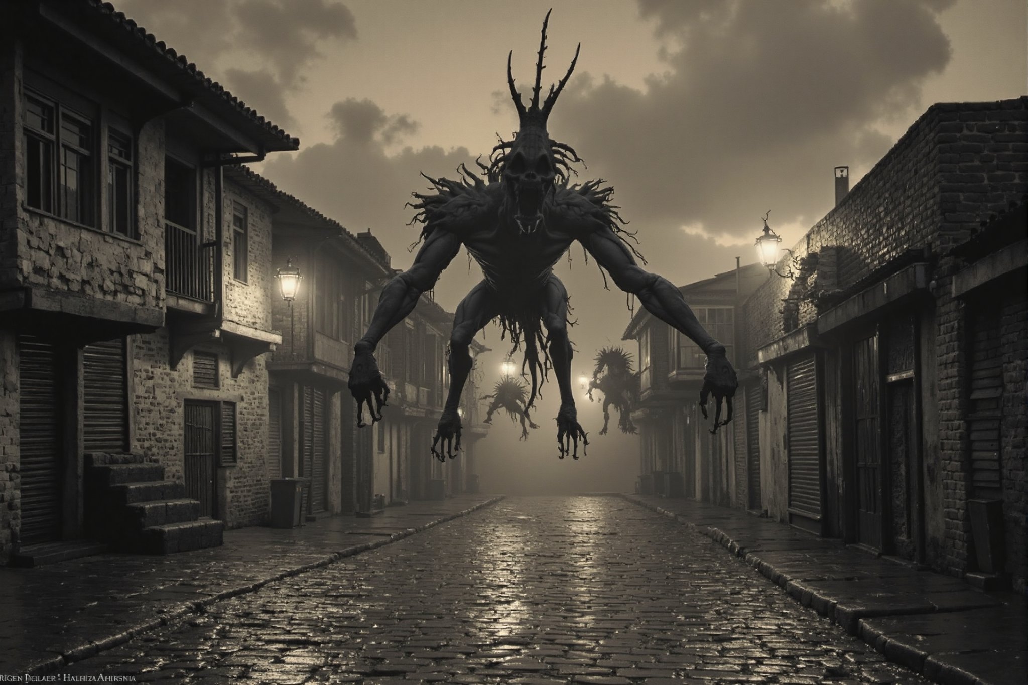 long shot, full body shot, a realistic, detailed, photograph, b&w black and white sepia photo, showing a group of large giant demonic, horrific, scary demons, entities about 12 feet tall, long hands, long fingers, with sharp claws. they are floating over an abandoned cobblestone street in an abandoned middle ages town. they are chasing townsfolk, and the townsfolk are running from the demons, terrified, scared, horrified, their faces twisted in anguish and fear, all of the demonic entities are evil, scary and meanacing. the houses in town are shuttered, lanterns with lit candles, dark storm, night time, clouds in the sky, rain falling, windy, very dark night time sky, 