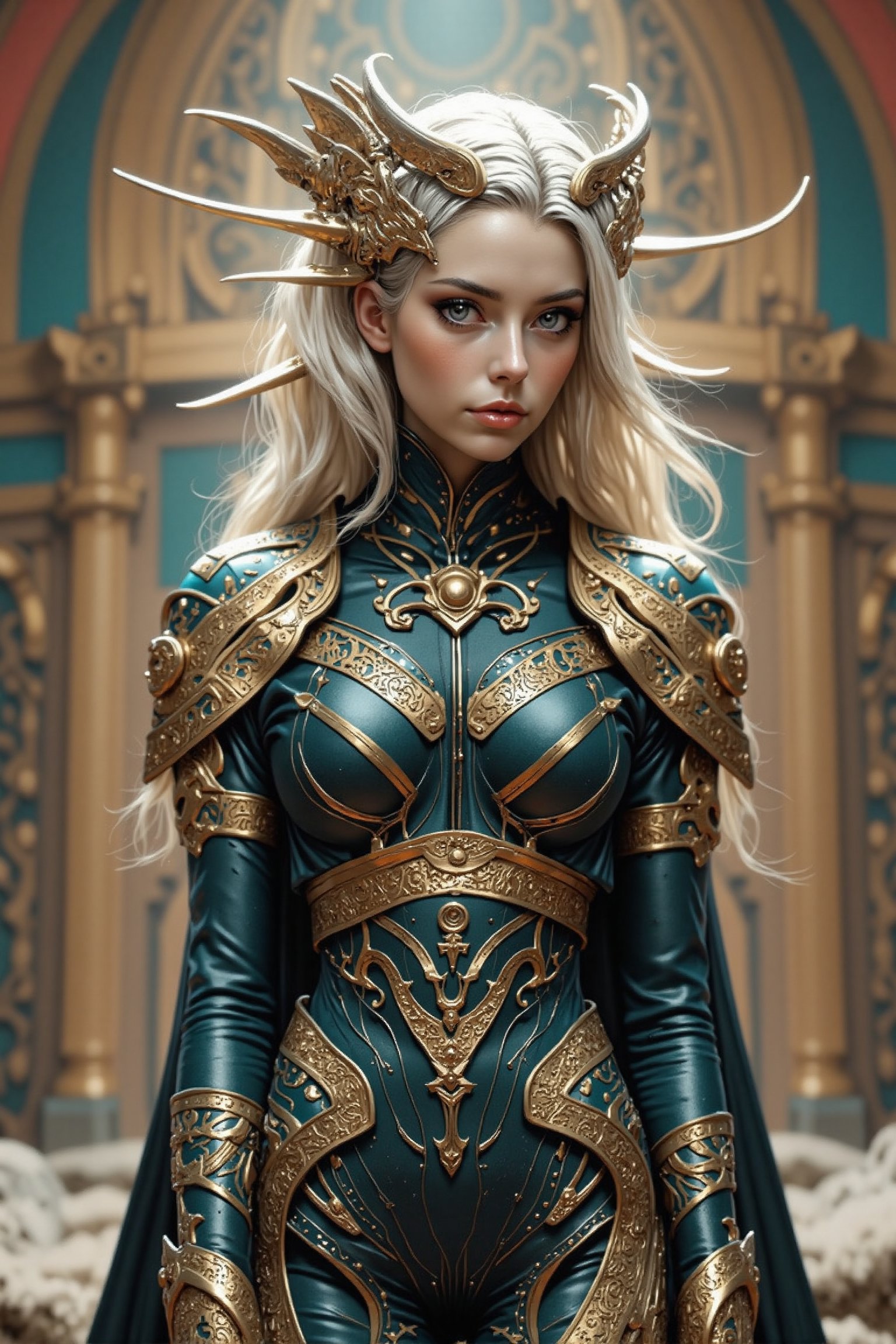 Create an attractive,  beautiful female alien queen wearing an elaborate futuristic unique outfit and she is standing in a...