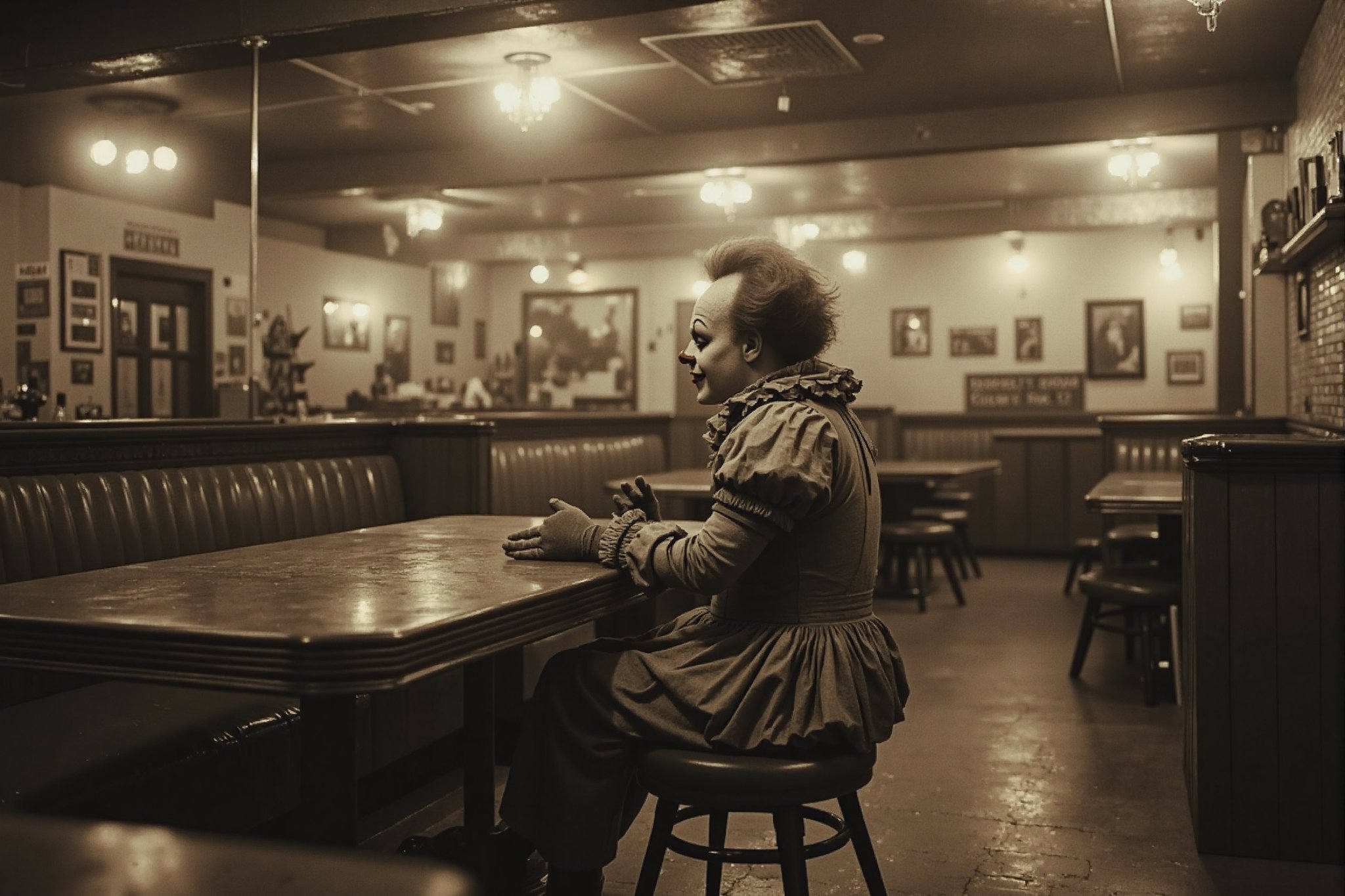 long shot, a realistic, detailed, photograph, b&w black and white sepia photo, of evil Penywise the clown sitting at a table in a 1950's era restaurant diner. the atmosphere is eerie and strange.