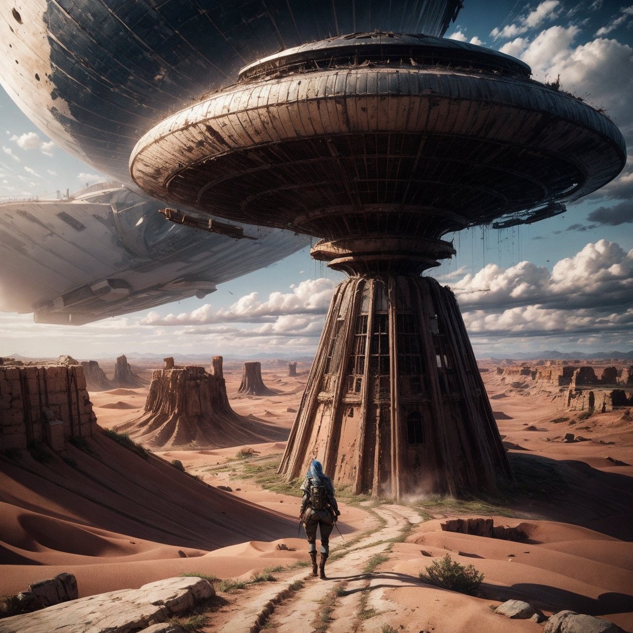 a side view of 1girl attractive female explorer very long curly blue hair,  ice blue eyes,  walking. she wears a futuristi...