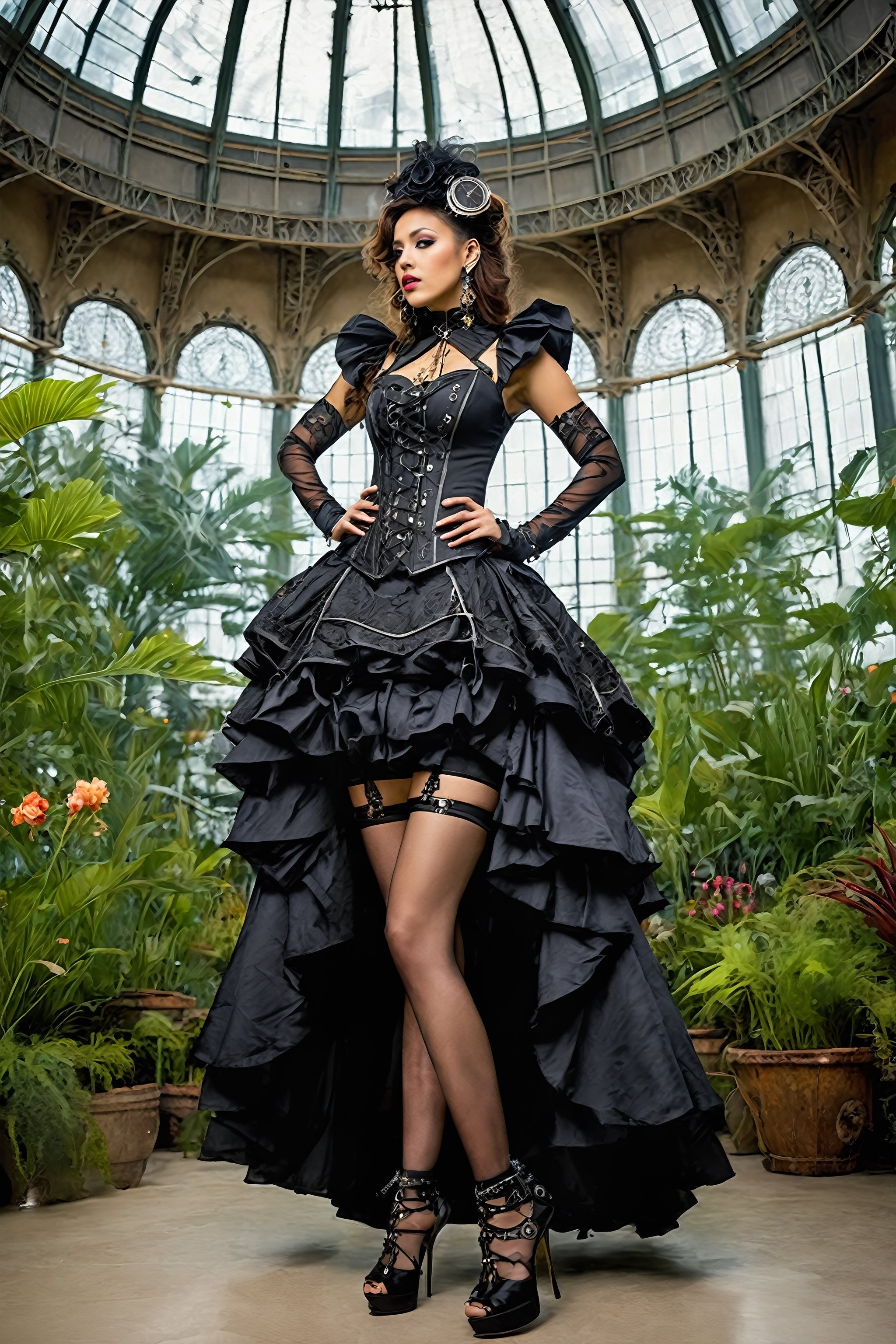 Envision a futuristic-gothic lolita steampunk fusion clothes featuring cutting-edge synthetic materials,  embroidered silk...