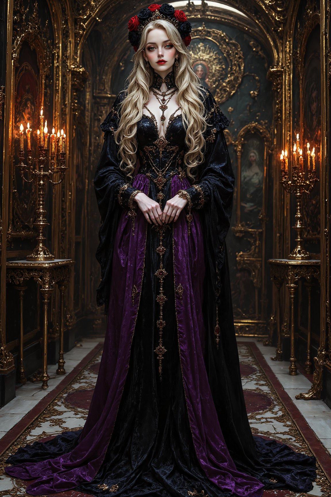 long shot,  full body,  A captivating elegant and beautiful young tall gothic priestess woman draped in cascading rich pur...
