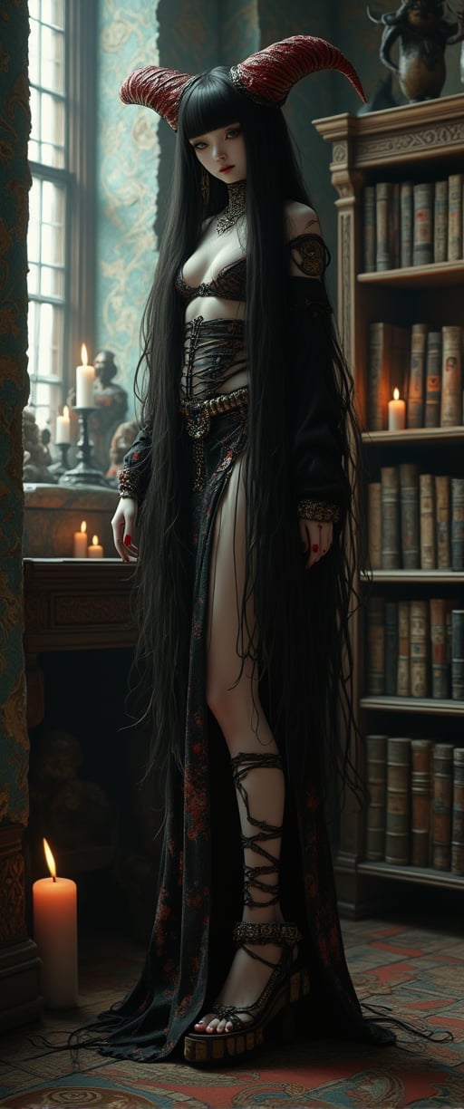 long shot, full body shot, A masterpiece of photorealistic artistry! A stunning Japanese demon girl stands proudly in an ancient elaborate library with patterned wallpaper, bookshelves full of ancient leather books, spell books, magic books, pictures of beautiful demons, witches, vampires hang on the walls, a tall gothic window is behind her with long velvet curtains. candles illuminate the library, Her extremely long big black hair cascades down her back like a waterfall of night, with blunt bangs framing her striking features. Her large round light green eyes shimmer, and her full lips curve into a playful smile as she gazes directly at the viewer. Her pale skin is adorned with intricate jewelry and nail polish designs, including red and black accents that match the bold hue of her fingernails.

she wears an intricate elaborate strappy corsett, Her elaborate brocade patterned skirt falls to below her knees, showcasing her long toned. legs She wears geta strappy sandals with platform heels that elevate her statuesque form, The overall atmosphere is one of mystique and allure, as if this enchanting demon girl is beckoning you into her world of wonder.