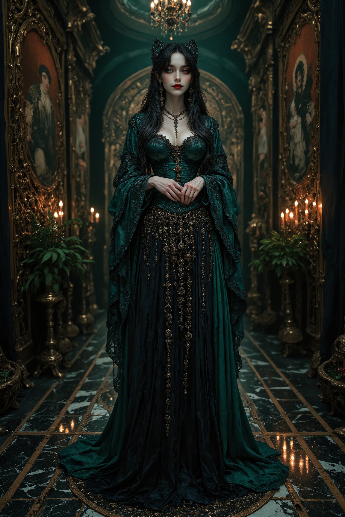 A captivating elegant and beautiful young gothic priestess woman stands in an eerie,  dimly lit chamber draped in cascadin...