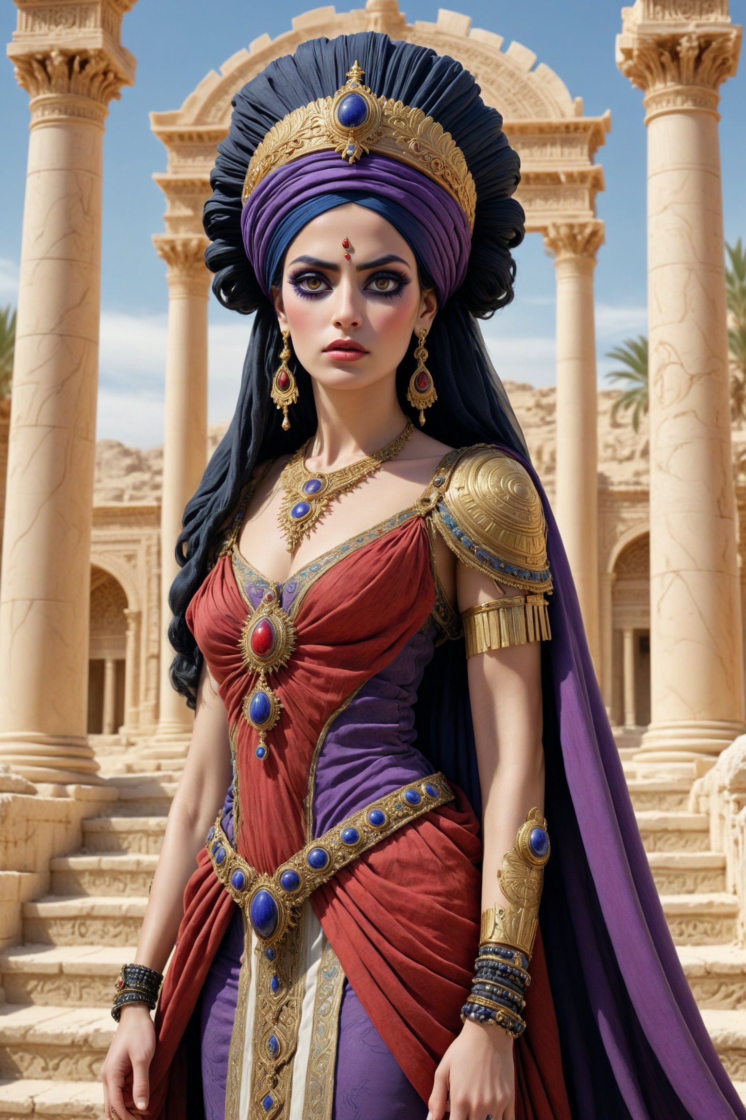 Cinematic scene - close up shot of Septimia Zenobia, a beautiful syrian queen in palmyra Syria in the third century c.e in a fusion of elaborate rococo, persian middle eastern parthian style and Greco-Roman and gothic punk. she has jet black hair. she has round large big copper eyes, she wears an elaborate middle eastern parthian style and Greco-Roman inspired royal gown in rich vibrant colors of red, purple, white gold, and black. she wears a turban, head ornament, crown and long shawl and an ancient syrian queen's head dress. elaborate earrings, necklaces and wrist cuffs made out of gold, lapis lazuli, amethyst. roman sandals on her feet. she walks down the steps in front of a luxurious temple, the detailed background is of a magnificent temple with painted columns. tall and small palm trees, statues, in the desert in the 3rd century a.d. perfect female anatomy, goth person, pastel goth, dal, Gaelic Pattern Style, 