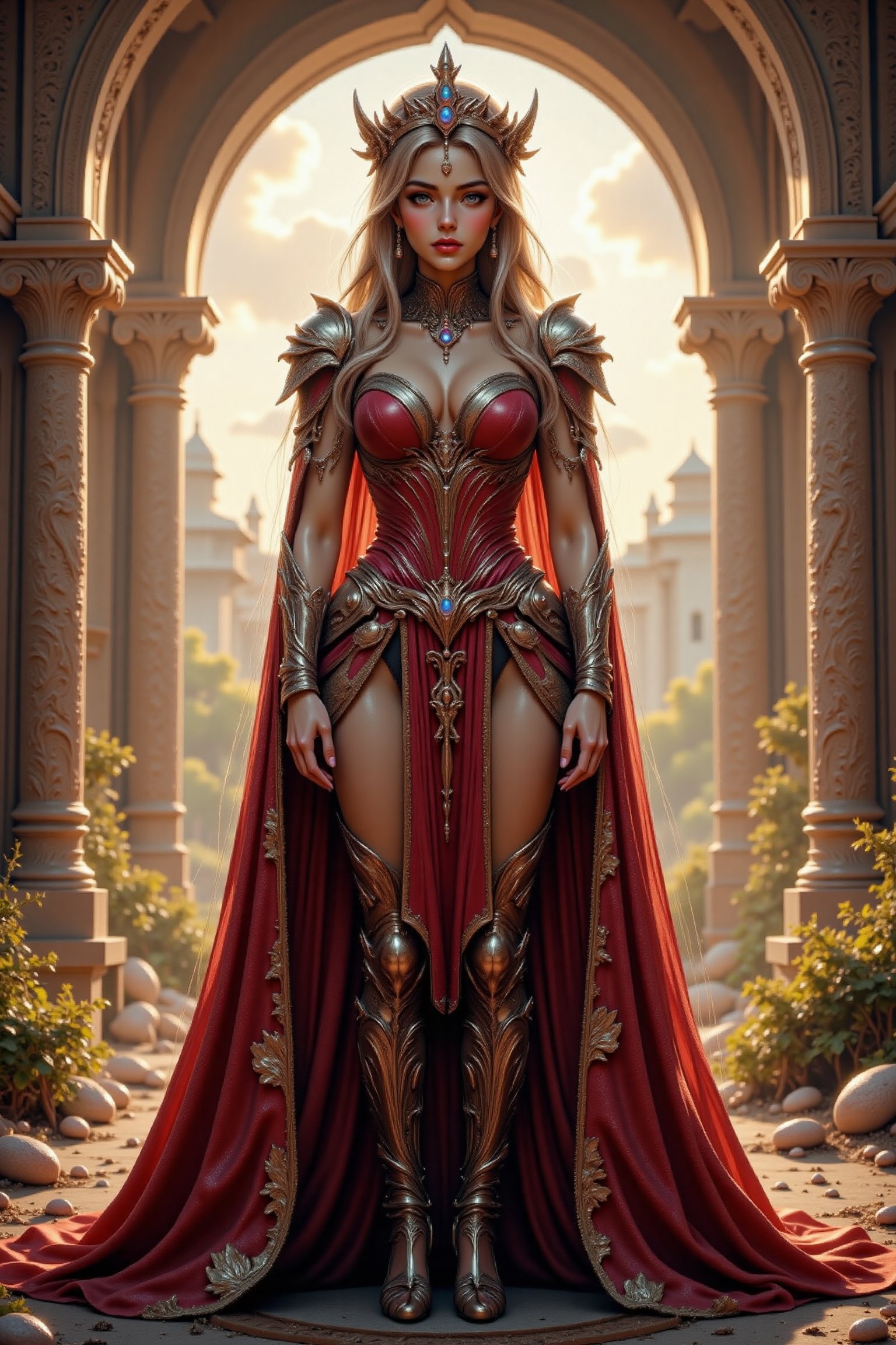Create an attractive,  beautiful female humanoid alien princess wearing an elaborate royal outfit and she is standing in a...