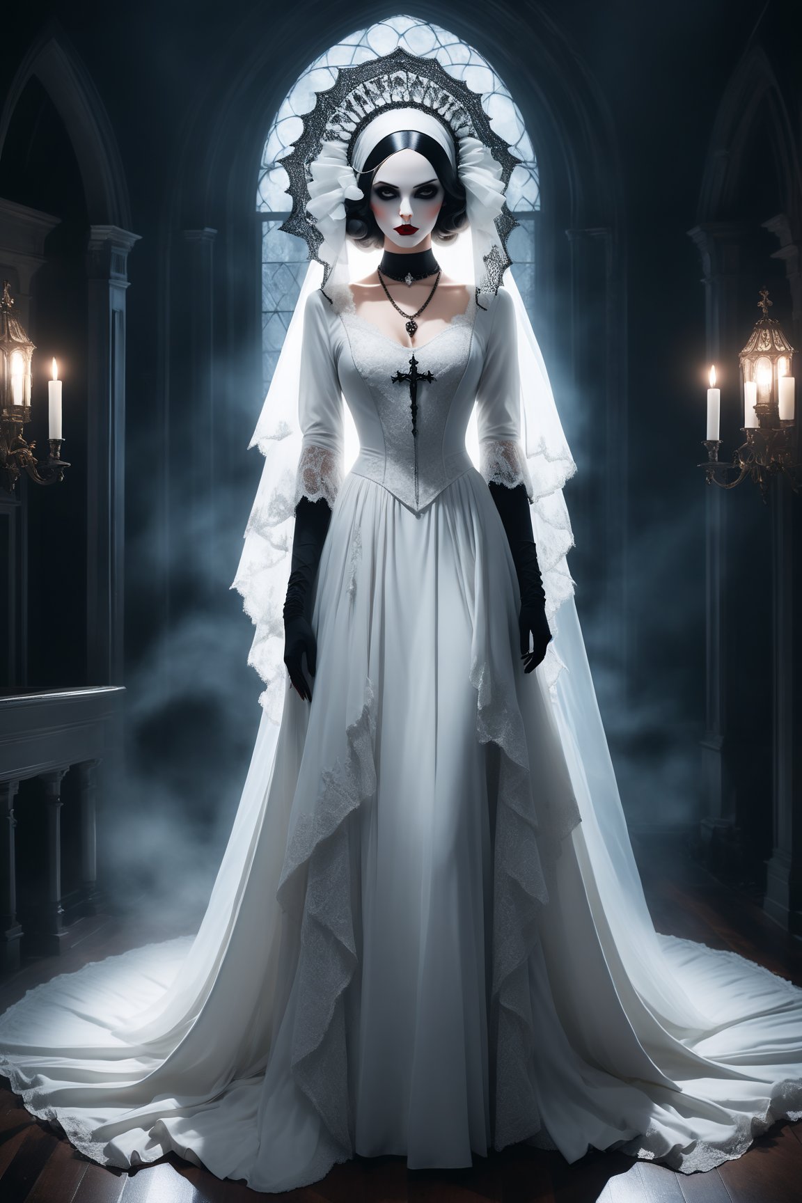 full body shot of a sexy beautiful woman dressed in a long elaborate white gothic gown,  resembling ghostly figure. She is...