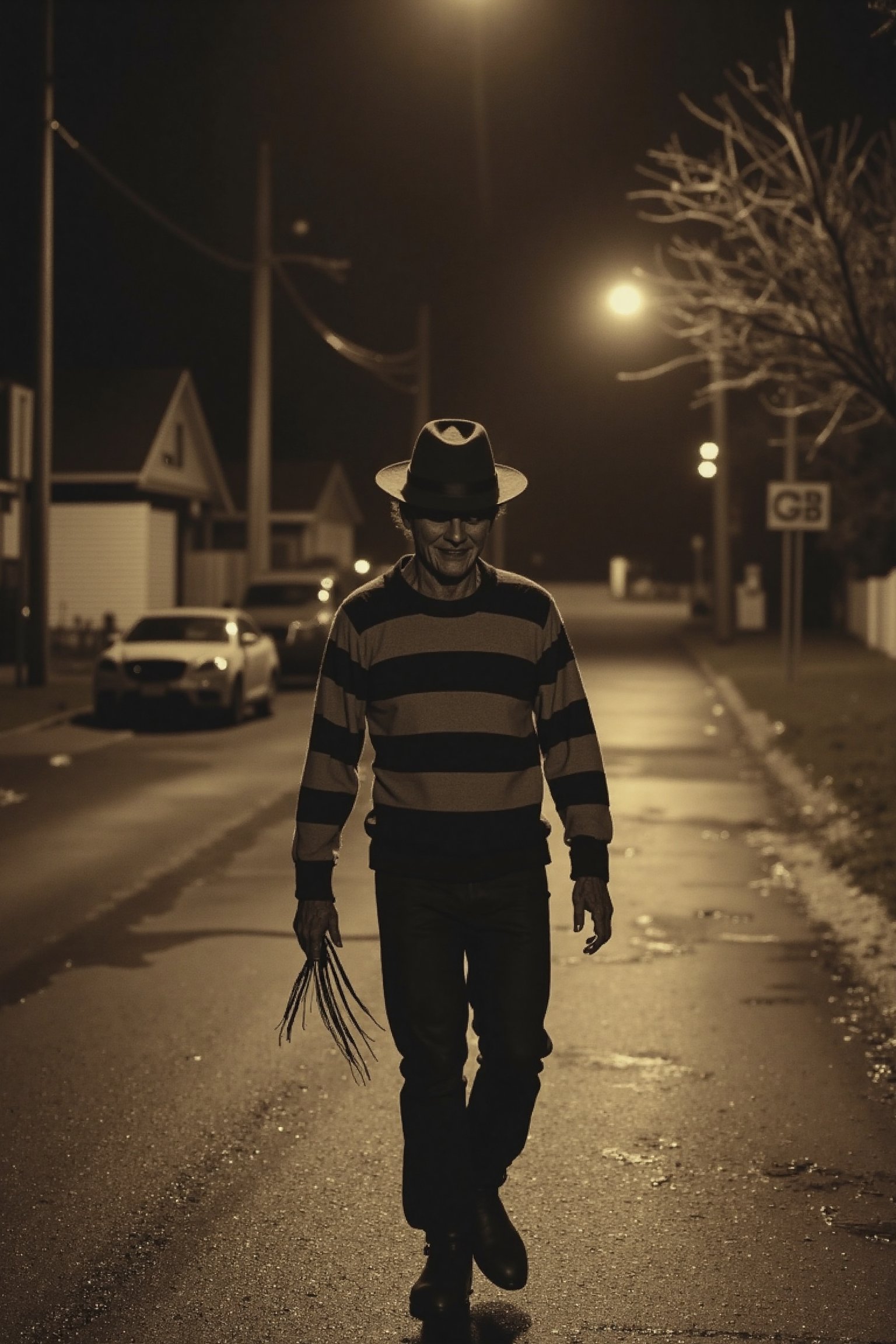 long shot realistic, detailed, photograph, b&w black and white sepia photo of Freddy Krueger walking down a neighborhood street at night. the atmosphere is eerie and strange.