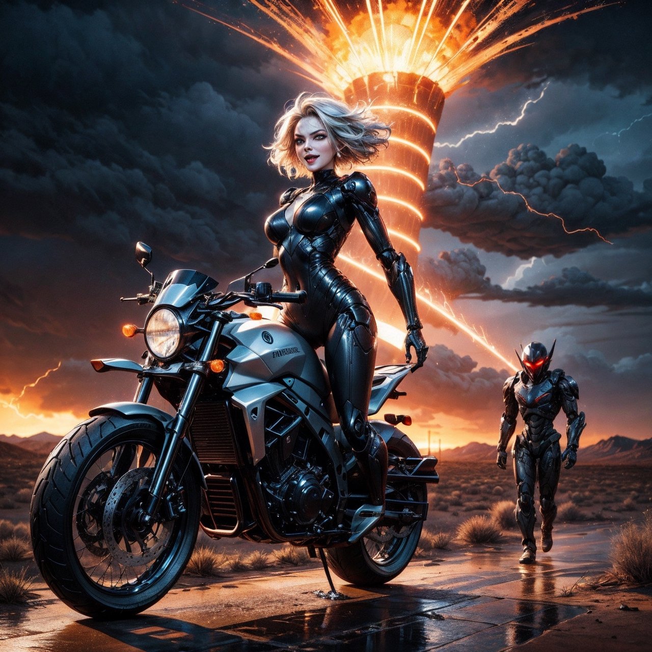 long shot of a 20 foot tall giant android humanoid female robot walking across the desert menacing and terrifying. the and...