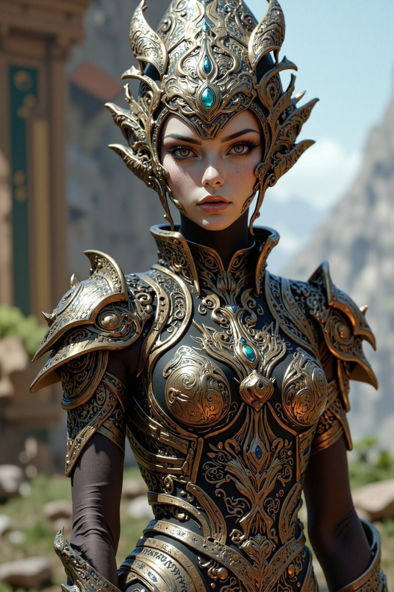 Create an attractive,  beautiful female alien queen wearing an elaborate futuristic unique outfit and she is standing in a...