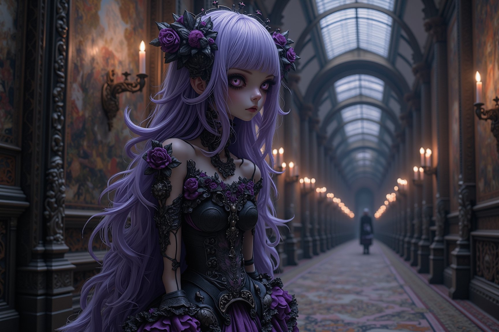 long shot, side view, in the distance is beautiful doll-like figure with large detailed purple eyes and pale porcelain face. she has long purple layered big hair. she has elaborate decorations and adornments in her hair. she wears an elaborate gothic outfit in colors of purple, grey, black. she wears chunky lace up boots and lace stockings. elaborate gothic jewelry. behind her is a detailed very long dark ornate hallway with paintings on the walls. illuminated by candlelight. full body shot. in the style of Toon Hertz, Mark Ryden, Nicoletta Ceccoli