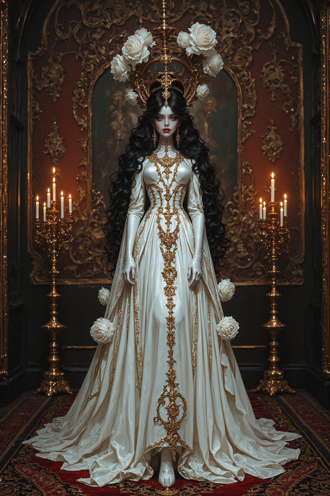 long shot,  full body,  A captivating elegant and beautiful young tall gothic priestess woman draped in cascading white by...