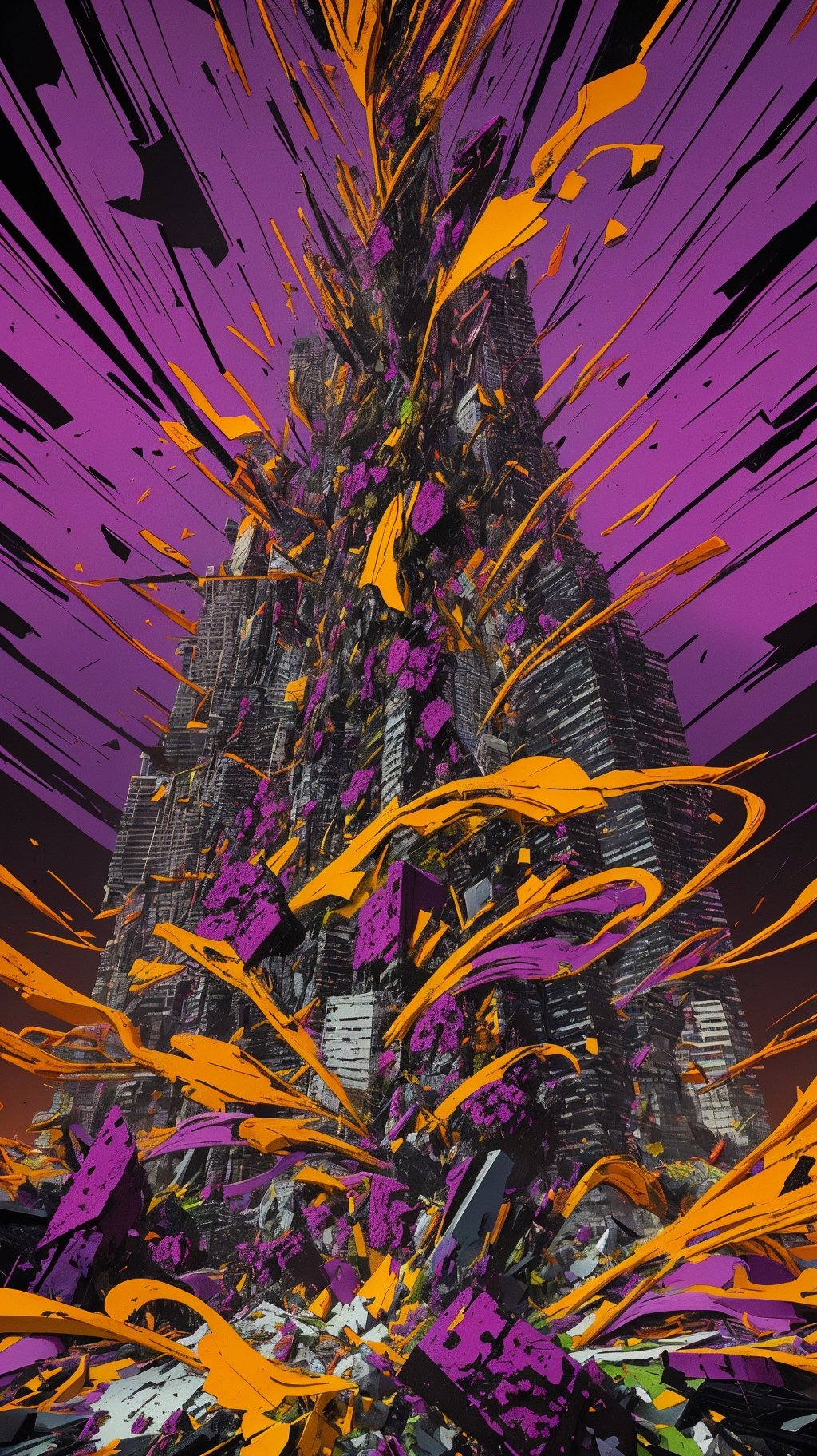 Twisted cityscape,  skyscrapers turned to vibrant orchids with discord. Ominous blues,  reds by TangoAlphaDelta on Tensor.Art