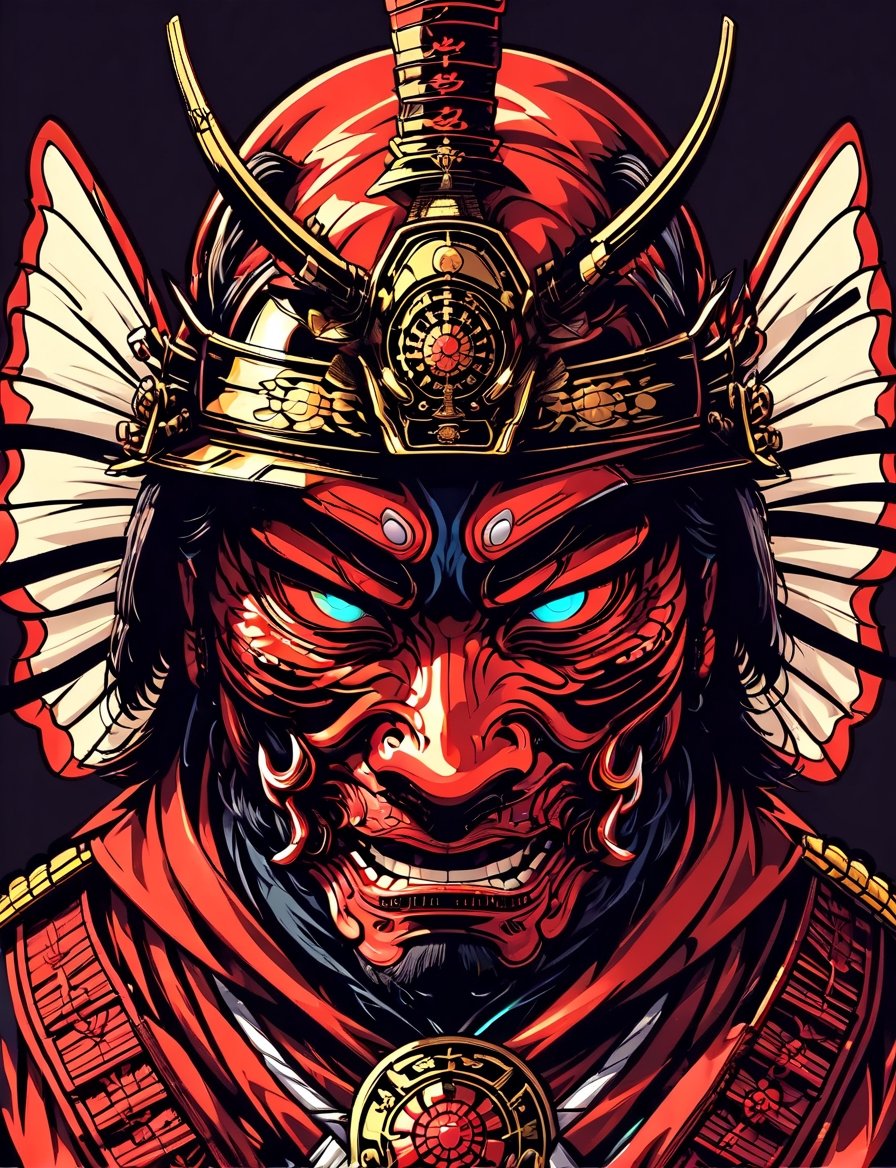 head and shoulders portrait, (samurai animorphic fly:1.5) samurai warrior, colorful, symmetrical precise detail, symmetrical features, (flat silkscreen:1.5) , wearing mask, pastel-color, creative, dark flat color background ,oni style