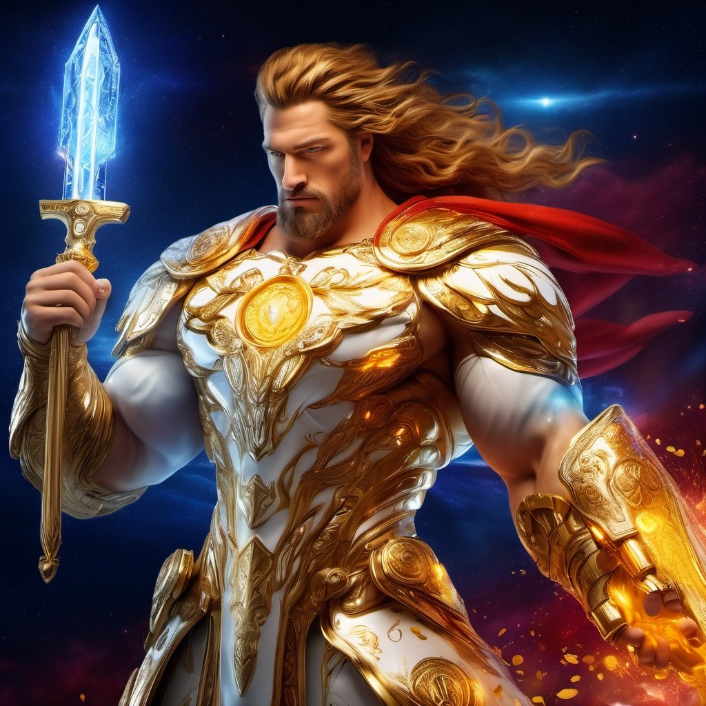 Realistic
FULL BODY IMAGE, Description of a [WHITE WARRIOR HUMAN Honey Badger WHITE WINGS] muscular arms, very muscular and very detailed, LEFT ARM WITH HEAVY REINFORCED BRACELET with solid shield, right hand holding a transparent fire sword, dressed in golden armor of full body filled with red roses, helmet on head, glowing blue electricity running through his body, golden armor and completely white letter H medallion on chest, hdr, 8k, subsurface dispersion, specular light, high resolution, octane rendering, big money field background, field background of GOLDEN WHEAT and red ROSES, medallion with the letter H on the chest, background Rain of gold coins and dollar bills, (GOOD LUCK) fire sword H, shield H, pendant of the letter H, medallion of the letter H on the uniform, hypermuscle, blessing of GOD almighty and JESUS ​​and THE HOLY SPIRIT, pendant of the letter H on the chest, helmet that covers his face, the mascot of JESUS, FULL BODY , helmet that covers his ENTIRE face, FULL BODY IMAGE, super strong legs with armor with gold details