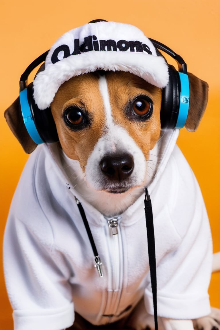 Mischievous soft brown floppy eared dog beagle Jack Russell mix DJ, has four distinct black freckles on snout, mostly white fur with black spots, wearing ADIDAS fashion Track suit and matching bucket hat, DJ Eye glass, headphones on head, hyper realistic, bird eye view, ultra-detailed, best quality,Movie Still, neon background, in club party