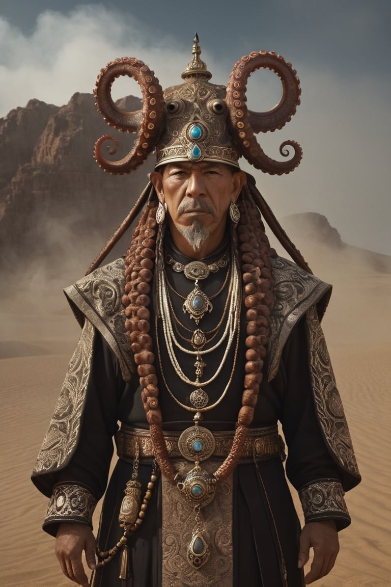 incredible depiction of a anthropomorphic octopus shaman, ancient and old, ornate trinkets, elaborate, tribal, beautiful, highly detailed and intricate, hypermaximalist, ornate, luxury, ominous, smoke, atmospheric desert, haunting, matte painting, cinematic, cgsociety, Antonio J. Manzanedo, Vladimir Matyukhin, Brian froud