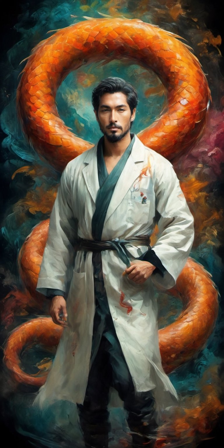 full-body psychedelic picture .Generate hyper realistic image of an ancient scroll featuring an ink wash painting of an animorphic muscular bloodworm wearing a lab coat inspired outfit, surrounded by traditional brushstroke elements, creating an evocative piece reminiscent of classical Asian art, Movie Poster,Movie Poster, sharp focus, intense colors, vibrant colors, chromatic aberration,MoviePosterAF, UHD, 8K,oil paint,painting