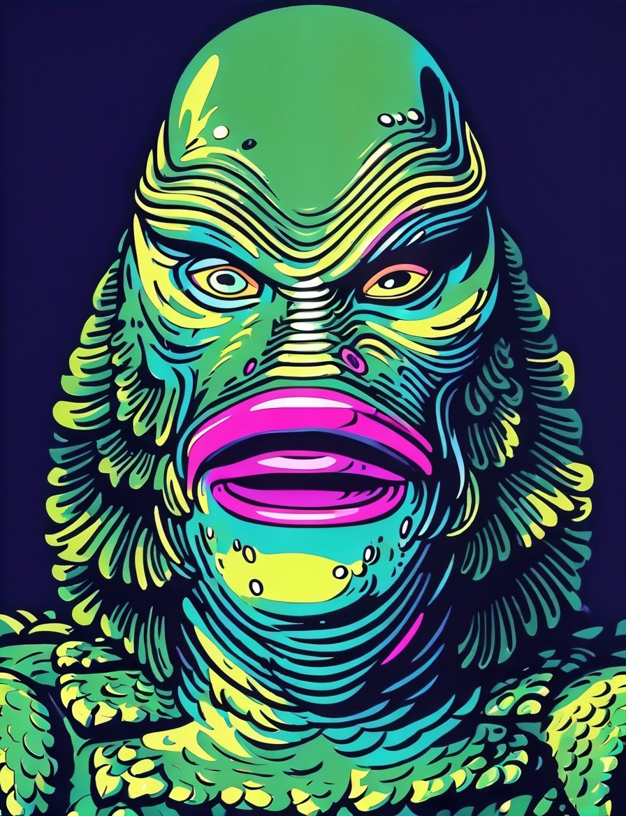 head and shoulders portrait, (creature from the black lagoon:1.5) creature warrior, green, purple, and blue colorful, symmetrical precise detail, symmetrical features, (flat silkscreen:1.5) , wearing mask, pastel-color, creative, dark flat color background ,oni style