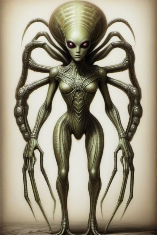 alien being with 8 arms and 2 legs feminine and beautiful spider like 