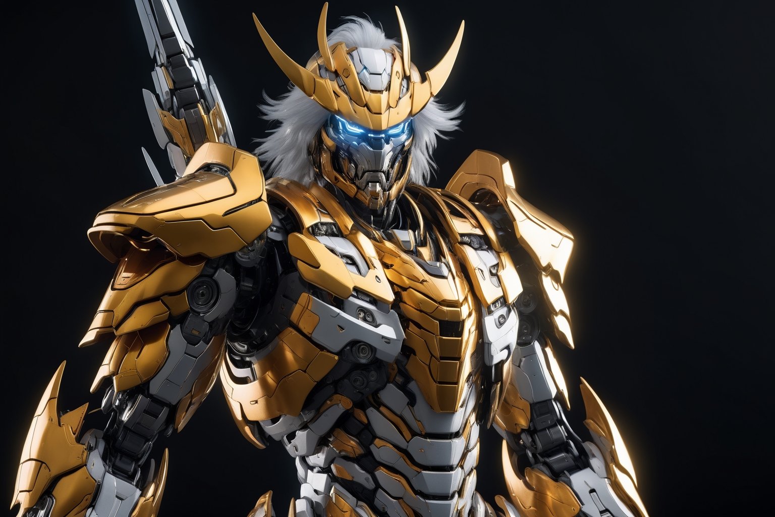 Angry Raiden mecha robo soldier character, anthropomorphic figure, wearing futuristic mecha soldier armor and lighting weapons, reflection mapping, realistic figure, hyperdetailed, cinematic lighting photography, 32k uhd with a golden staff, white lighting on suit, 

By: panchovilla,mecha