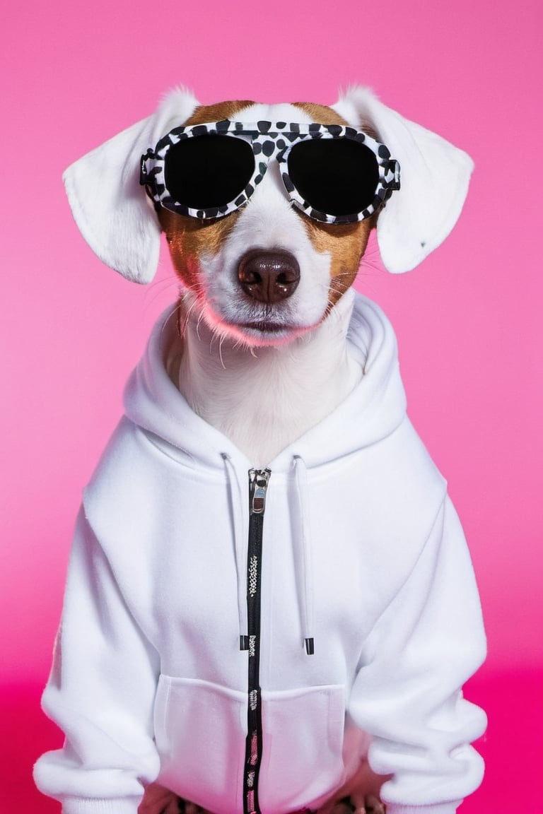 Mischievous soft brown floppy eared dog beagle Jack Russell mix DJ, has four distinct black freckles on snout, mostly white fur with black spots, wearing ADIDAS fashion Track suit and matching bucket hat, DJ Eye glass, headphones on head, hyper realistic, bird eye view, ultra-detailed, best quality,Movie Still, neon background, in club party