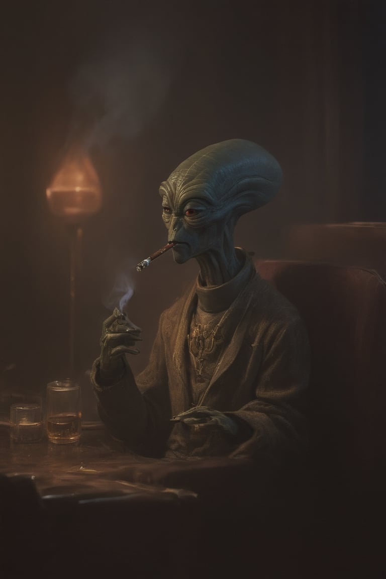 Stoic alien smokes a cigar,  sitting in a cigar lounge,  Jazz atmosphere by TangoAlphaDelta on Tensor.Art