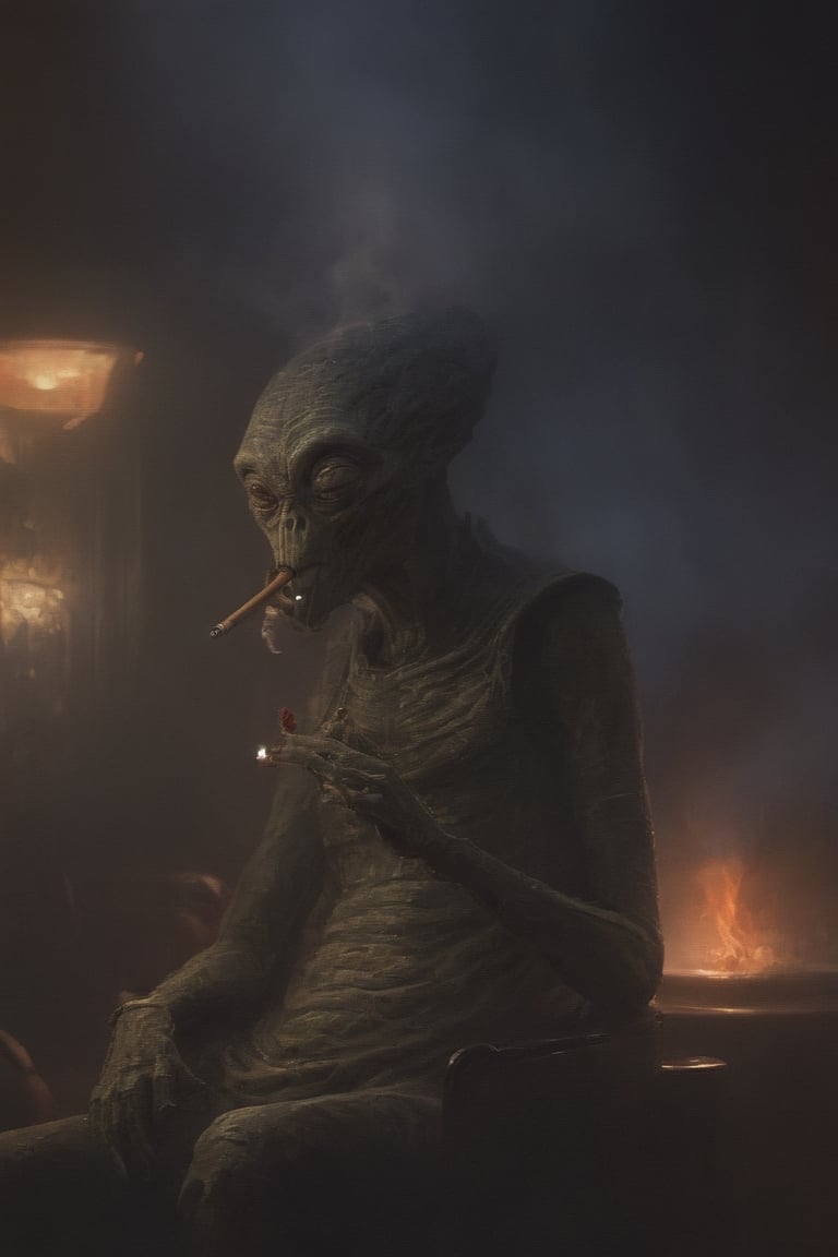 Stoic alien smokes a cigar,  sitting in a cigar lounge,  Jazz atmosphere by TangoAlphaDelta on Tensor.Art