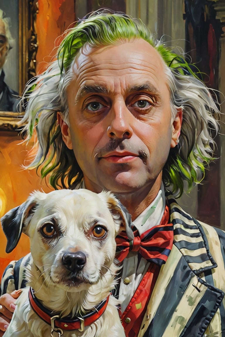 portrait of Beetlejuice and his dog, close up, oil painting old master, dynamic light, cinematic light, glow background, vintage style, oil painting striking brushstrokes background greyish, by konstantin razumov, Jean Baptiste Monge,photorealistic,analog