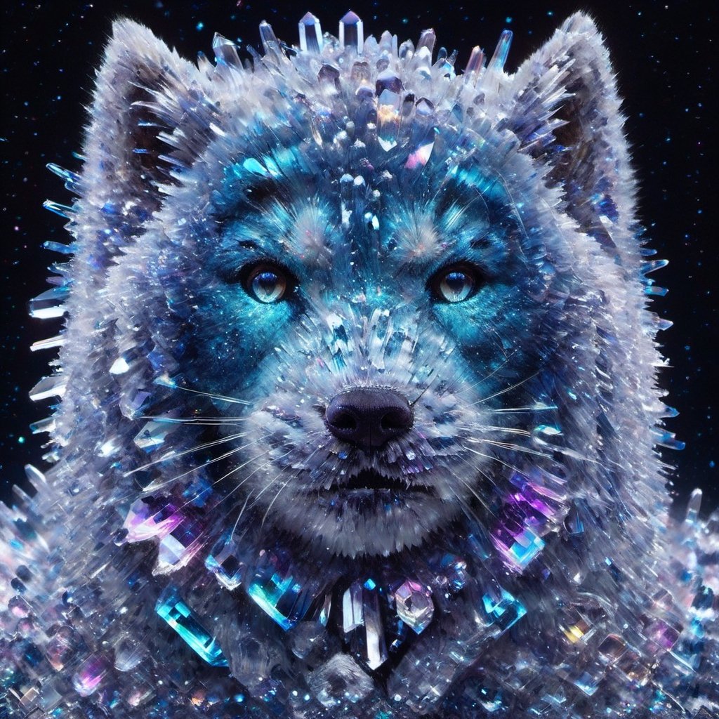 Wolverine made of crystal, fantasy concept art,  hyper detailed,  surrealism,  beautiful, colorful, cosmic landscape, symmetrical, unique blues blacks greens purples with stardust 