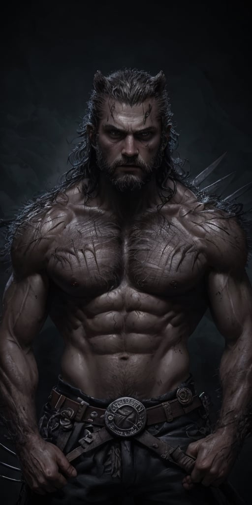 A fiercely rugged and feral Ragnar Lodbrok embodies Wolverine, his Norse warrior spirit merging with the iconic mutant's ferocity. This striking image, whether in a painting or digital artwork, shows Ragnar as Wolverine with razor-sharp claws and a wild, untamed demeanor. Each detail, from his weathered battle scars to the intensity in his eyes, is expertly rendered in vivid colors and intricate textures, creating a truly immersive and dynamic portrayal of this unique character fusion.