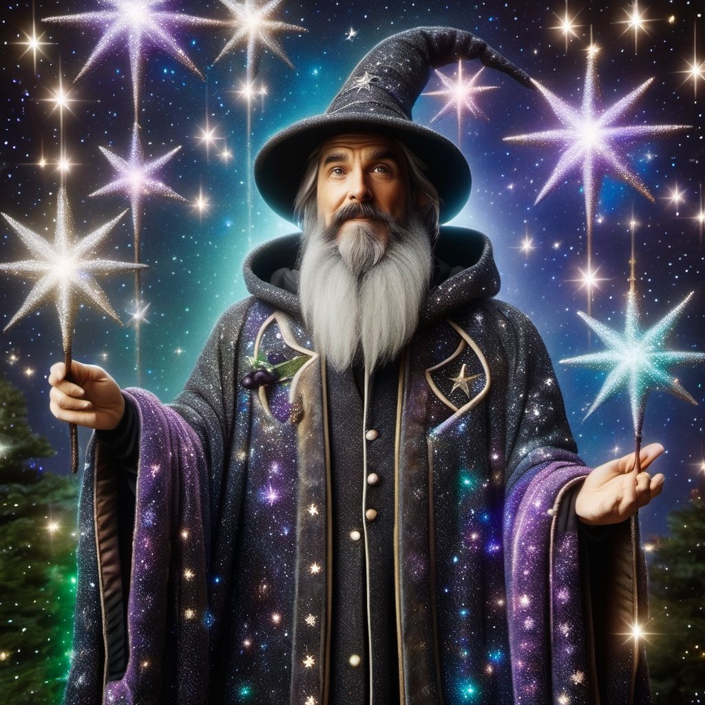 A Nordic wizard wearing a black, purple, blue, and green fancy robe covered in sparkling stars like glitter. He dispense confusing and ambiguous advice to passing travelers from a large stone cottage on the edge of the woods , a wizard with flowing robes, all around  covered in star light 