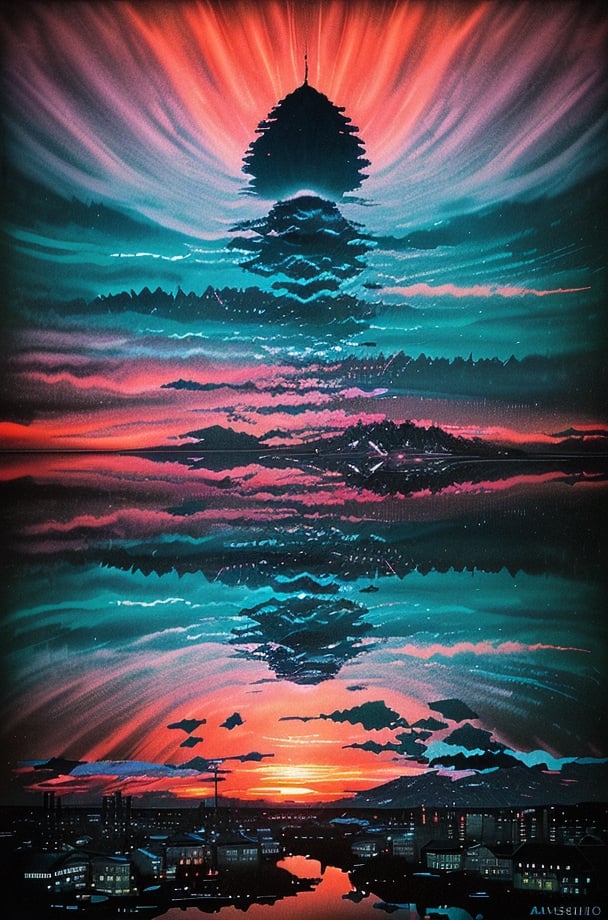 glitch art, Nature Sunsets, magical, vertex, art by Katsushika hokusai, Oslo Norway, atmospheric scenery, microbes, beautiful landscape, Synthwave art, glitchy, hydrodipped, surrealism