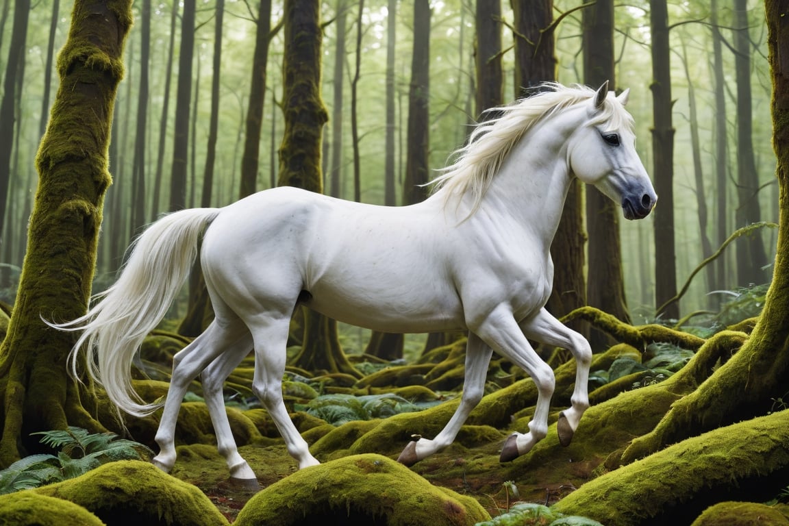 Imagine a mystical space realm where a white spider horse gallops with grace through a dense forest, its eight legs gracefully carrying it over moss-covered ground. The sight is simultaneously horrifying and awe-inspiring, as the white horse's ethereal beauty is contrasted against its monstrous spider-like features. The horse's ebony eyes mesmerize, reflecting the light in a haunting and captivating manner. This breathtaking image, depicted in a vividly painted masterpiece, immerses viewers in the fantastical narrative of an otherworldly creature navigating a mysterious and enchanted woodland.