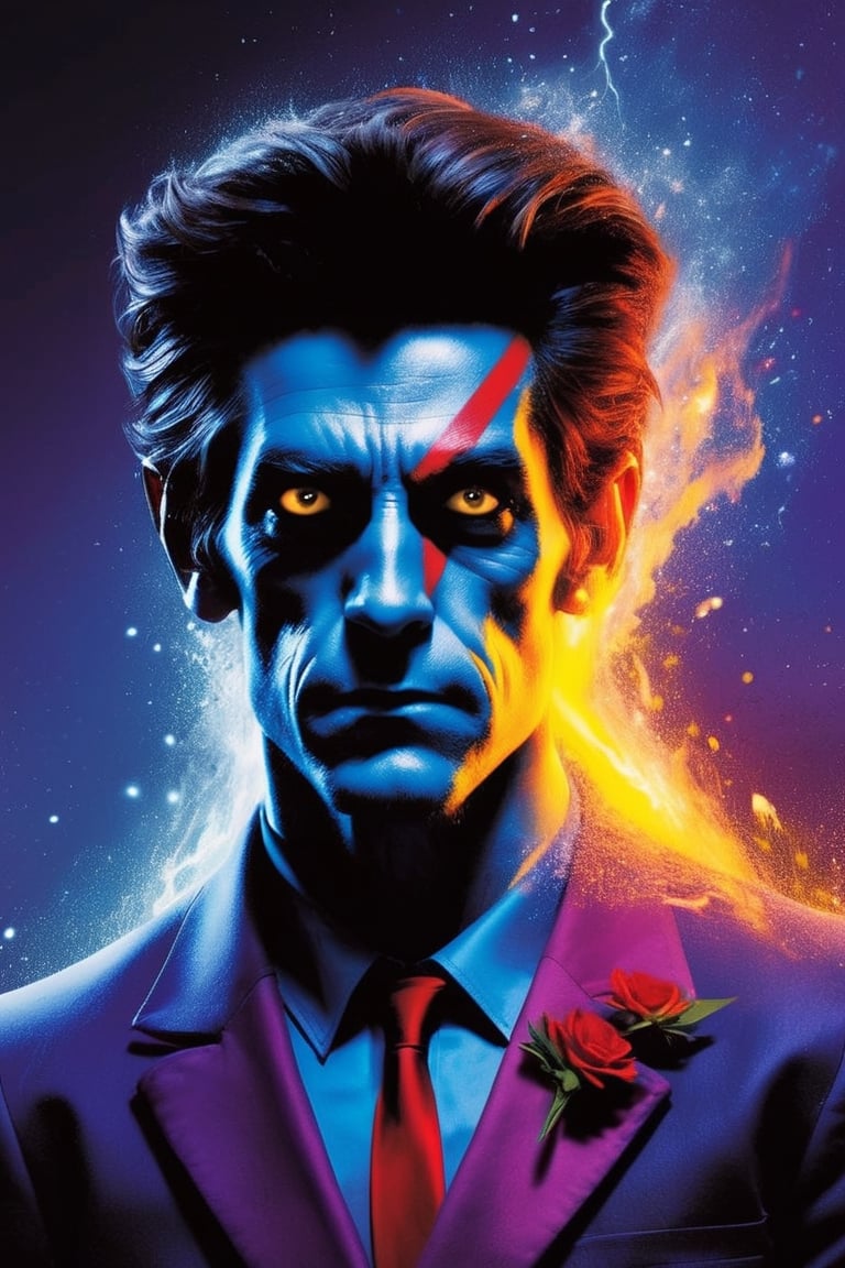 A stunning and enigmatic portrayal of Nightcrawler from Marvel comics X-Men, exquisitely capturing his presence and essence. In vibrant detail, the image showcases Nightcrawler's distinct features: his spiky indigo hair, luminous yellow eyes, and deep azure skin, intermingled with mesmerizing shades of purple and black. The artist's exceptional talent is evident in every brushstroke, as they brilliantly depict Nightcrawler's graceful yet hauntingly mysterious persona. This digital artwork flawlessly fuses vibrant colors and intricate details to create a striking visual masterpiece that encapsulates the captivating allure of this X-Men character.