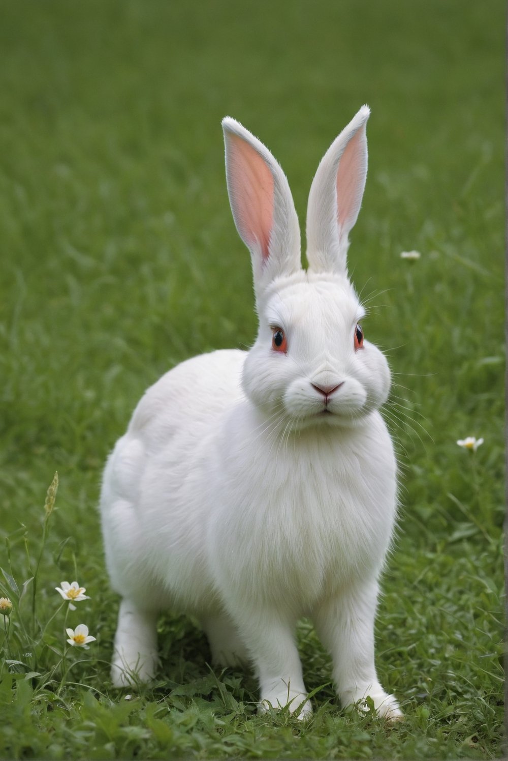 psychedelic photo of a very realistic white rabbit. The rabbit is in a very green meadow. The rabbit is attentive to movement, on alert. (((The rabbit is facing forward, on its hind legs))). The meadow has many flowers. It is day. The light enters between the leaves and gives a contrast of shadows on the animal. Beautiful scene, ultra detailed, hyperrealistic, colorful, distant.