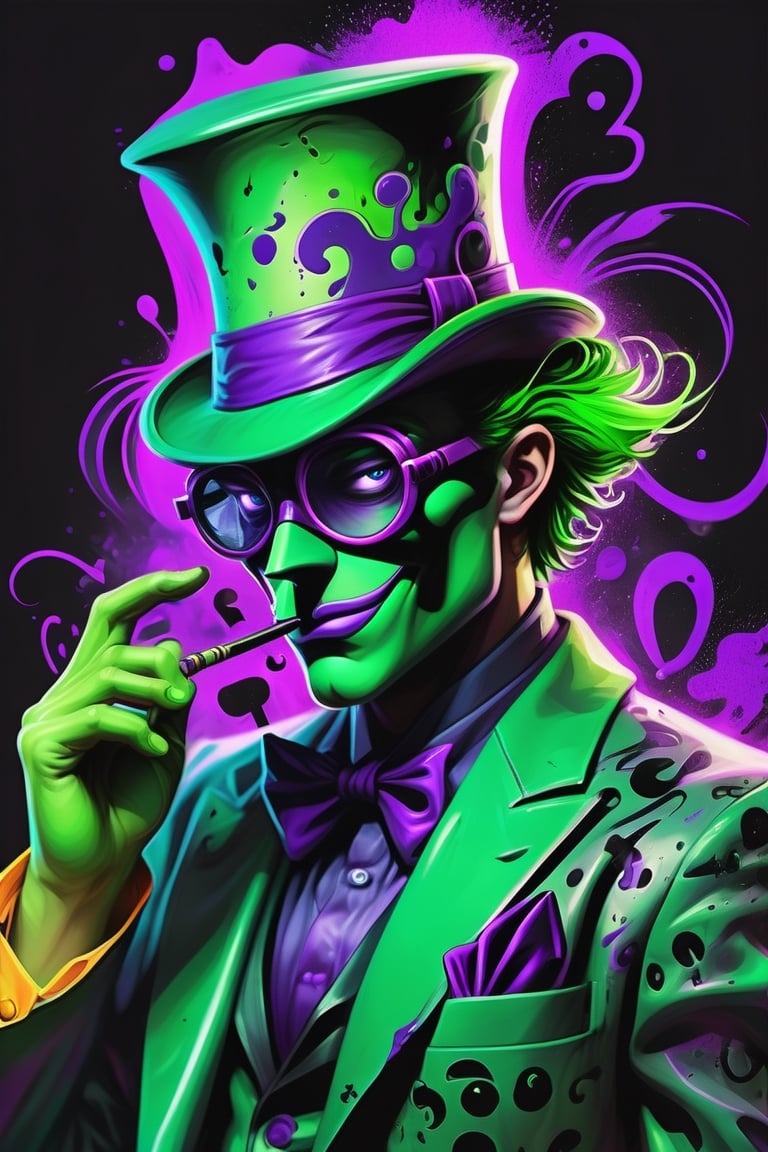 (colorful green and purple splash neon punk) like bursting gigantic, magnified plumes of ink in a very dim and dark mystical roomy area with swirling winds of divine. The Riddler, wearing a green bodysuit covered with question marks. His costume include a green bowler hat, a purple mask covering his eyes, and a cane. The ensemble reflects his enigmatic and puzzling persona.