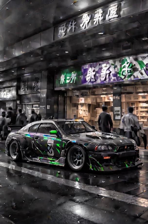 A Black, purple, green, and blue undertone Gtr-34 racing in Tokyo, smoke, night-time, in Tokyo city, hyperrealism, thunderstorm, hyperrealism, long shot, motion blur initial D style