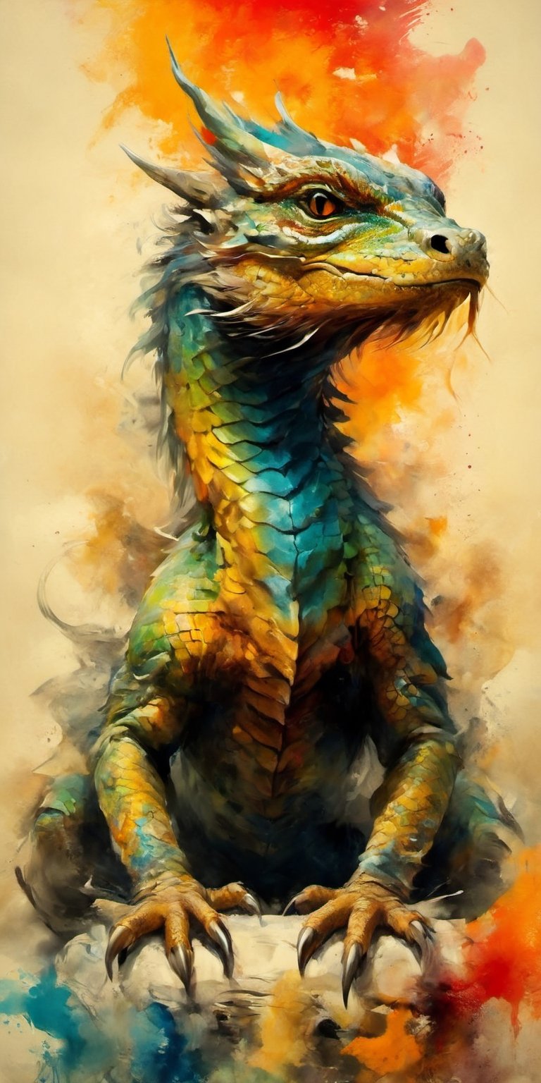 full-body psychedelic picture .Generate hyper realistic image of an ancient scroll featuring an ink wash painting of an animorphic lizard, surrounded by traditional brushstroke elements, creating an evocative piece reminiscent of classical Asian art, Movie Poster,Movie Poster, sharp focus, intense colors, vibrant colors, chromatic aberration,MoviePosterAF, UHD, 8K,oil paint,painting