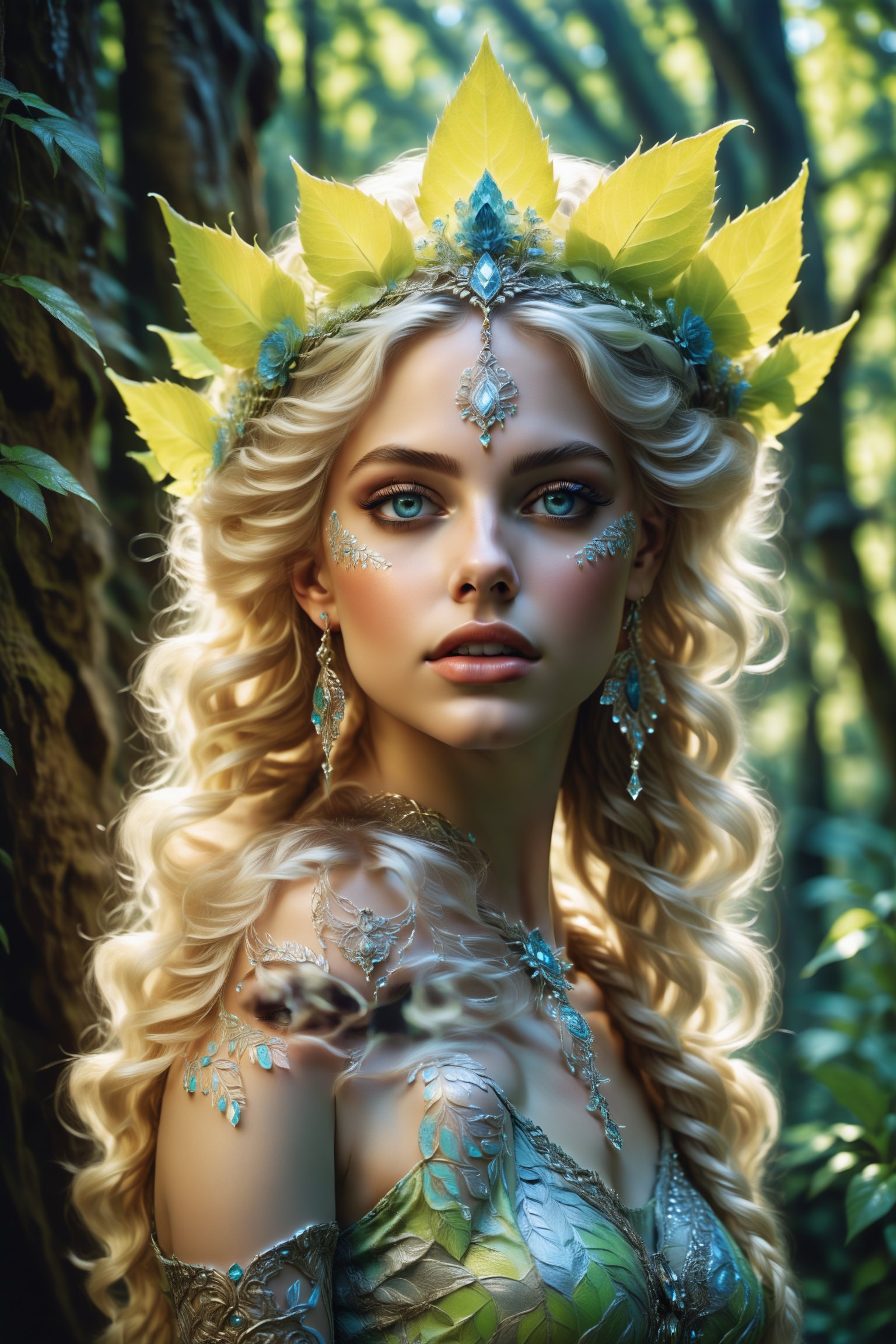 High-resolution photograph of a radiant 17-year-old spirit elf, captured in a sun-dappled forest glade. Her vibrant, cheerful expression is accentuated by her dynamic posture and elegant movements, exuding ethereal beauty. Adorned with colored crystals in her head, she wears a crown of flowers in her long silver curly hair and exquisite light green and light yellow armor that wraps her graceful figure. Leaf-patterned tights and silver-edged earrings add subtle glamor to her divine face. Illuminated by the soft morning sun, her bright blue eyes sparkle like gems, set in a masterpiece of beauty beyond human comprehension. The vibrant visuals of color and intertwining black and white lines mimic the intricate crystal structures that adorn her, all rendered in a neoclassical art style. A full-body shot with a fantasy background.