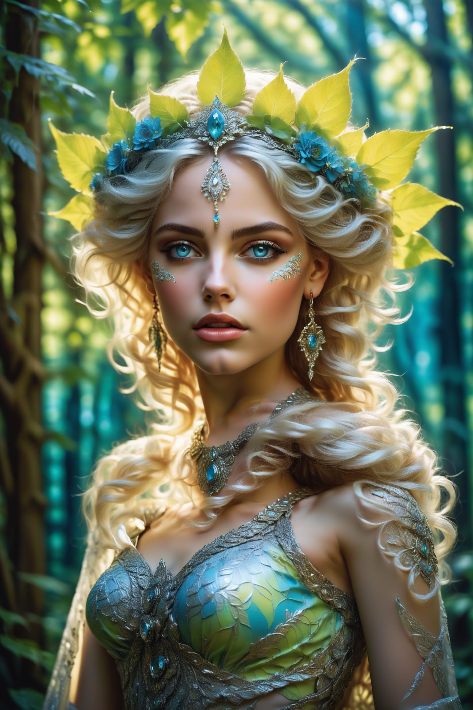 High-resolution photograph of a radiant 20-year-old spirit elf, captured in a sun-dappled forest glade. Her vibrant, cheerful expression is accentuated by her dynamic posture and elegant movements, exuding ethereal beauty. Adorned with colored crystals in her head, she wears a crown of flowers in her long silver curly hair and exquisite light green and light yellow armor that wraps her graceful figure. Leaf-patterned tights and silver-edged earrings add subtle glamor to her divine face. Illuminated by the soft morning sun, her bright blue eyes sparkle like gems, set in a masterpiece of beauty beyond human comprehension. The vibrant visuals of color and intertwining black and white lines mimic the intricate crystal structures that adorn her, all rendered in a neoclassical art style.